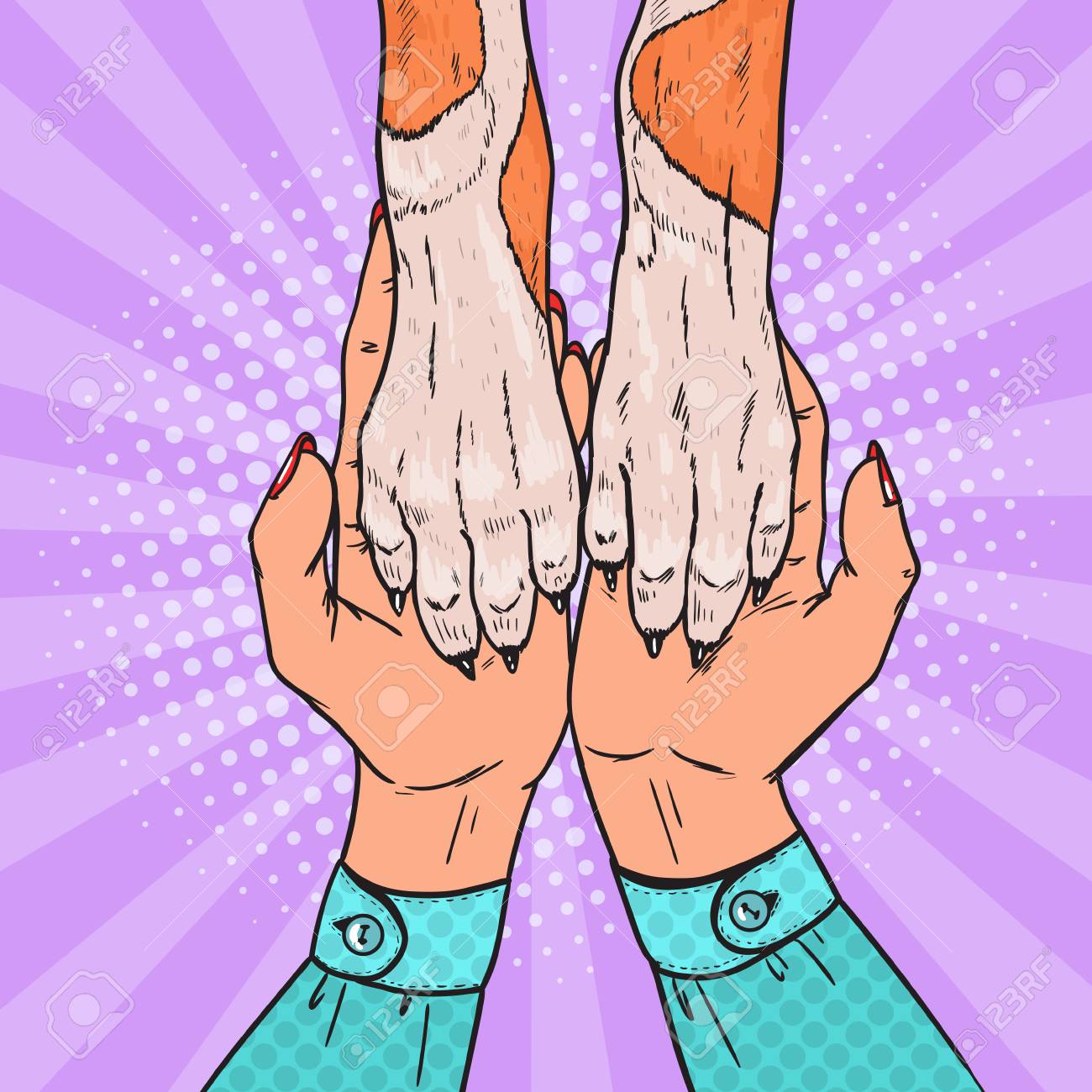 ポップアート犬の足と女性の手 人間とペットの友情 ベクトルイラスト のイラスト素材 ベクタ Image