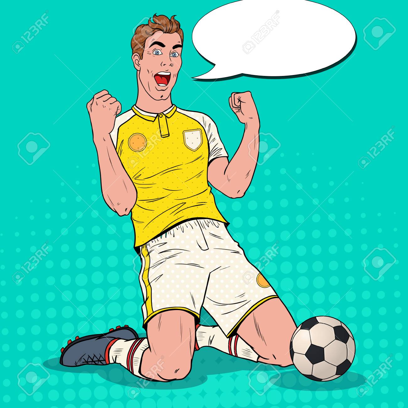 Pop Art Soccer Player Celebrating Goal. Happy Footballer, Sport Concept, World Cup. Vector illustration - 102980876 Pop Art Soccer Player Celebrating Goal. Happy Footballer, Sport Concept, World Cup. Vector illustration - 102980876