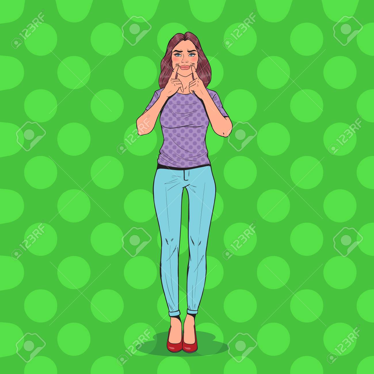 Pop Art Woman Making Fake Smile With Her Fingers Positive Facial Royalty Free Cliparts Vectors And Stock Illustration Image