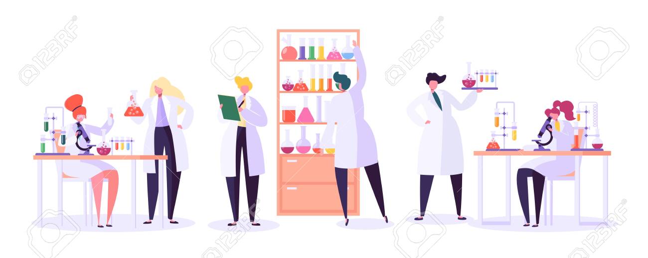 Pharmaceutic Laboratory Research Concept. Scientists Characters Working in Chemistry Lab with Medical Equipment Microscope, Flask, Tube. Vector illustration - 123178856 Pharmaceutic Laboratory Research Concept. Scientists Characters Working in Chemistry Lab with Medical Equipment Microscope, Flask, Tube. Vector illustration - 123178856