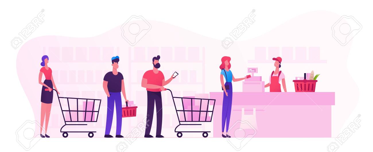 Customers Stand in Line at Grocery or Supermarket Turn with Goods in Shopping Trolley Put Buys on Cashier Desk for Paying. Purchases, Sale Consumerism, Queue in Store Cartoon Flat Vector Illustration - 128443587 Customers Stand in Line at Grocery or Supermarket Turn with Goods in Shopping Trolley Put Buys on Cashier Desk for Paying. Purchases, Sale Consumerism, Queue in Store Cartoon Flat Vector Illustration - 128443587
