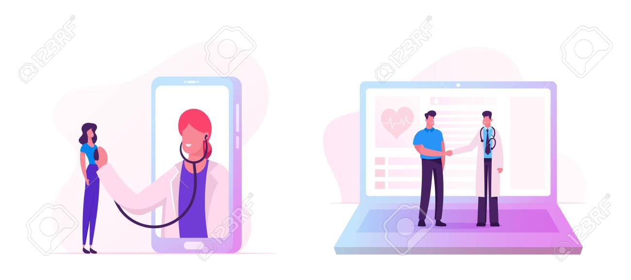 Distant Online Medicine Consultation. Smart Medical Technologies. Doctors Communicating with Patients through Computer and Mobile Phone Screen from Hospital Cabinet. Cartoon Flat Vector Illustration - 130285536 Distant Online Medicine Consultation. Smart Medical Technologies. Doctors Communicating with Patients through Computer and Mobile Phone Screen from Hospital Cabinet. Cartoon Flat Vector Illustration - 130285536