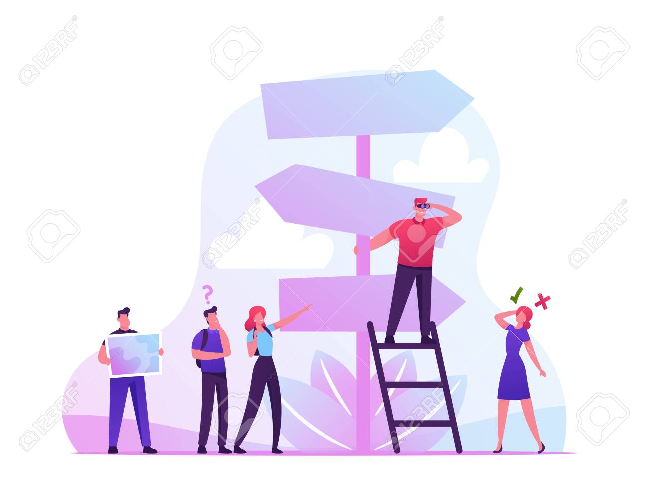 Choice Way Concept With Confused Business People Stand At Road Pointer With Hard And Easy Directions Making Decision What Path To Choose Crossroad Life Challenge Cartoon Vector Illustration Royalty Free Cliparts Vectors
