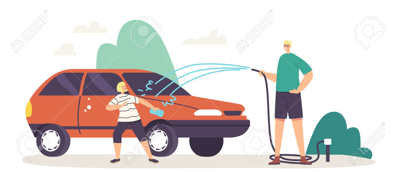 Happy Family Characters Father and Little Son Having Fun, Splashing Water from Hose while Washing Car at Cottage Yard - 171836767 Happy Family Characters Father and Little Son Having Fun, Splashing Water from Hose while Washing Car at Cottage Yard - 171836767