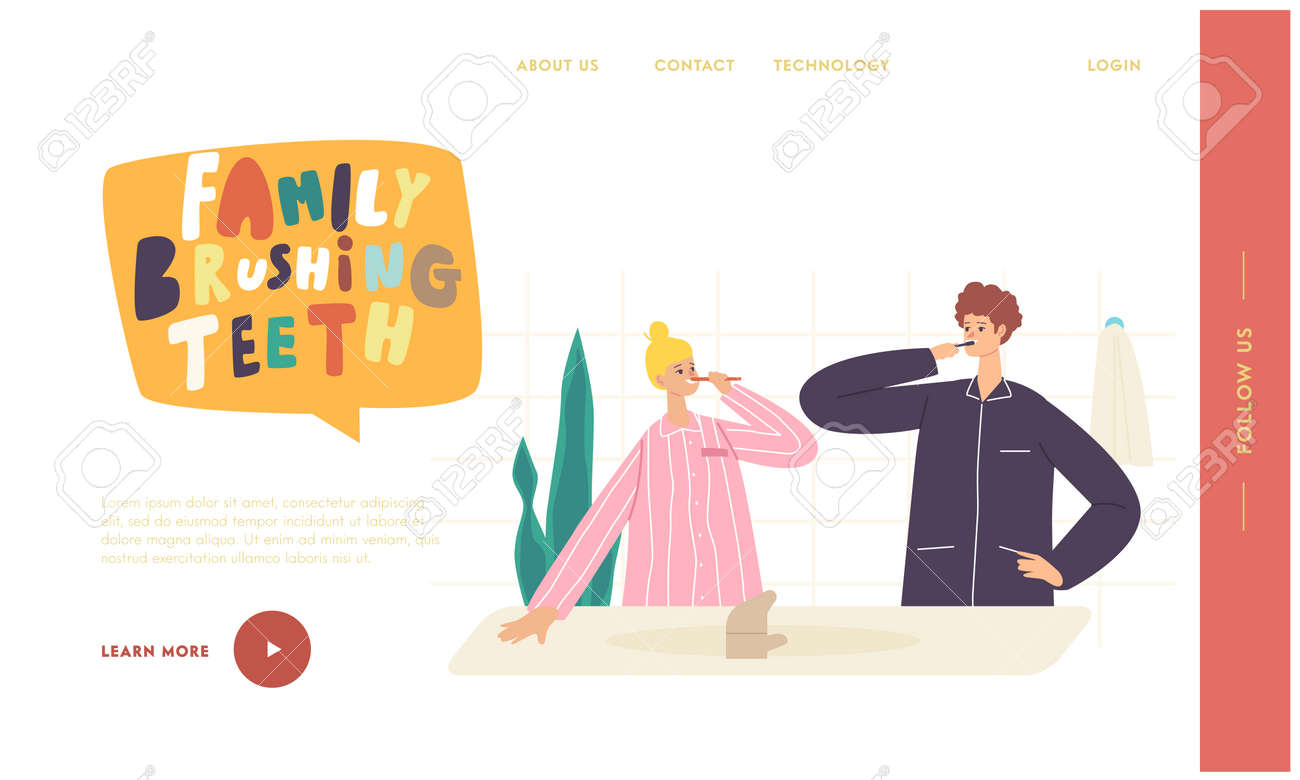Couple Characters Morning Hygiene Landing Page Template. Young Woman and Man Stand in Bathroom and Brushing Teeth - 171837180 Couple Characters Morning Hygiene Landing Page Template. Young Woman and Man Stand in Bathroom and Brushing Teeth - 171837180