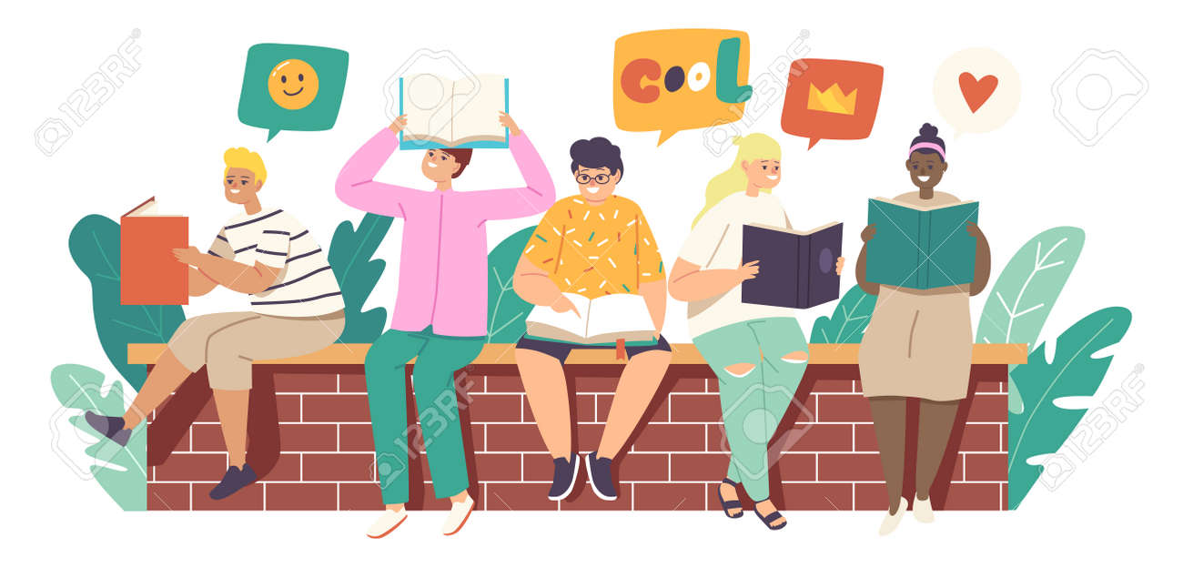Kids Reading Stories, Children or Teens Sitting on Brick Wall with Books. School Education, Knowledge Concept - 171837108 Kids Reading Stories, Children or Teens Sitting on Brick Wall with Books. School Education, Knowledge Concept - 171837108