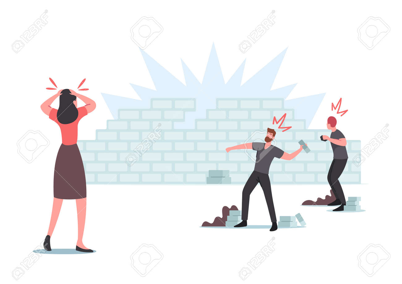 Damage, Conflict, Panic, Violence Riot, Looting, Aggressive Herd Behavior Concept. Characters Throw Stones in Brick Wall - 171875738 Damage, Conflict, Panic, Violence Riot, Looting, Aggressive Herd Behavior Concept. Characters Throw Stones in Brick Wall - 171875738