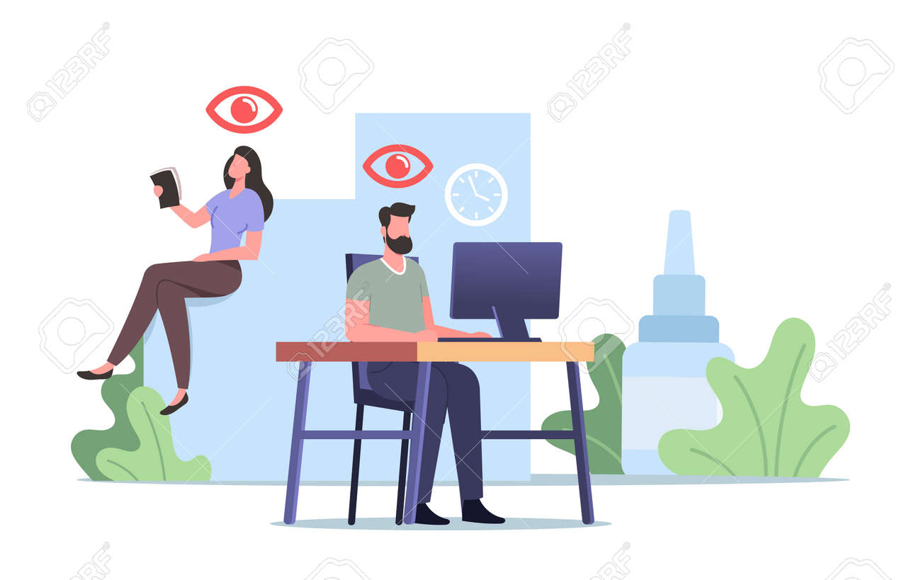 Vision Problems Medical Concept. Office Worker Characters Suffering of DES, Dry Eyes Syndrome and Conjuctivitis Disease - 171875798 Vision Problems Medical Concept. Office Worker Characters Suffering of DES, Dry Eyes Syndrome and Conjuctivitis Disease - 171875798