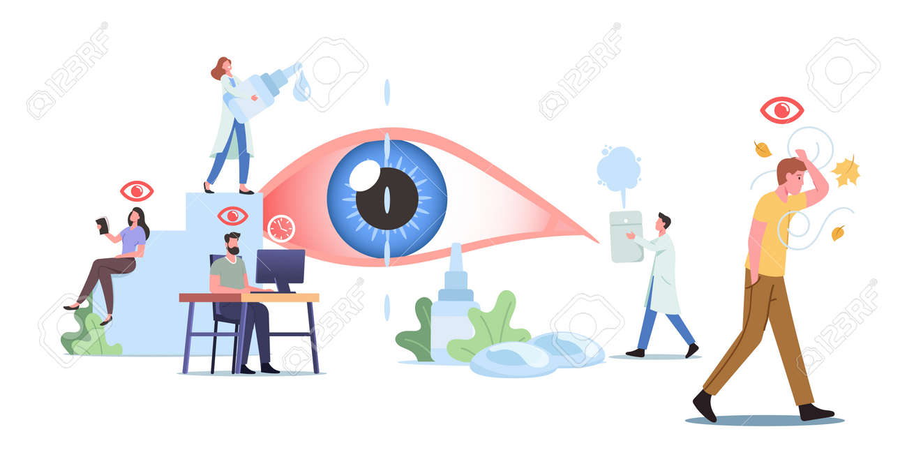 Tiny Characters around of Huge Eye. People Suffer of DES, Dry Eyes Syndrome and Conjunctivitis Disease Visit Clinic - 171876425 Tiny Characters around of Huge Eye. People Suffer of DES, Dry Eyes Syndrome and Conjunctivitis Disease Visit Clinic - 171876425