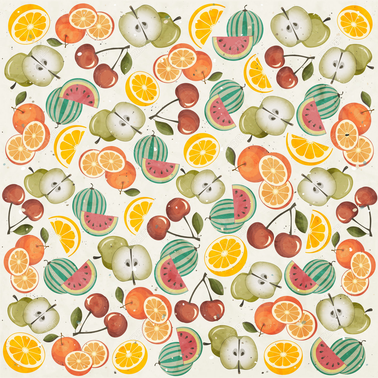 Orange Melon Apple Cherry And Lemon Illustrations Fruits