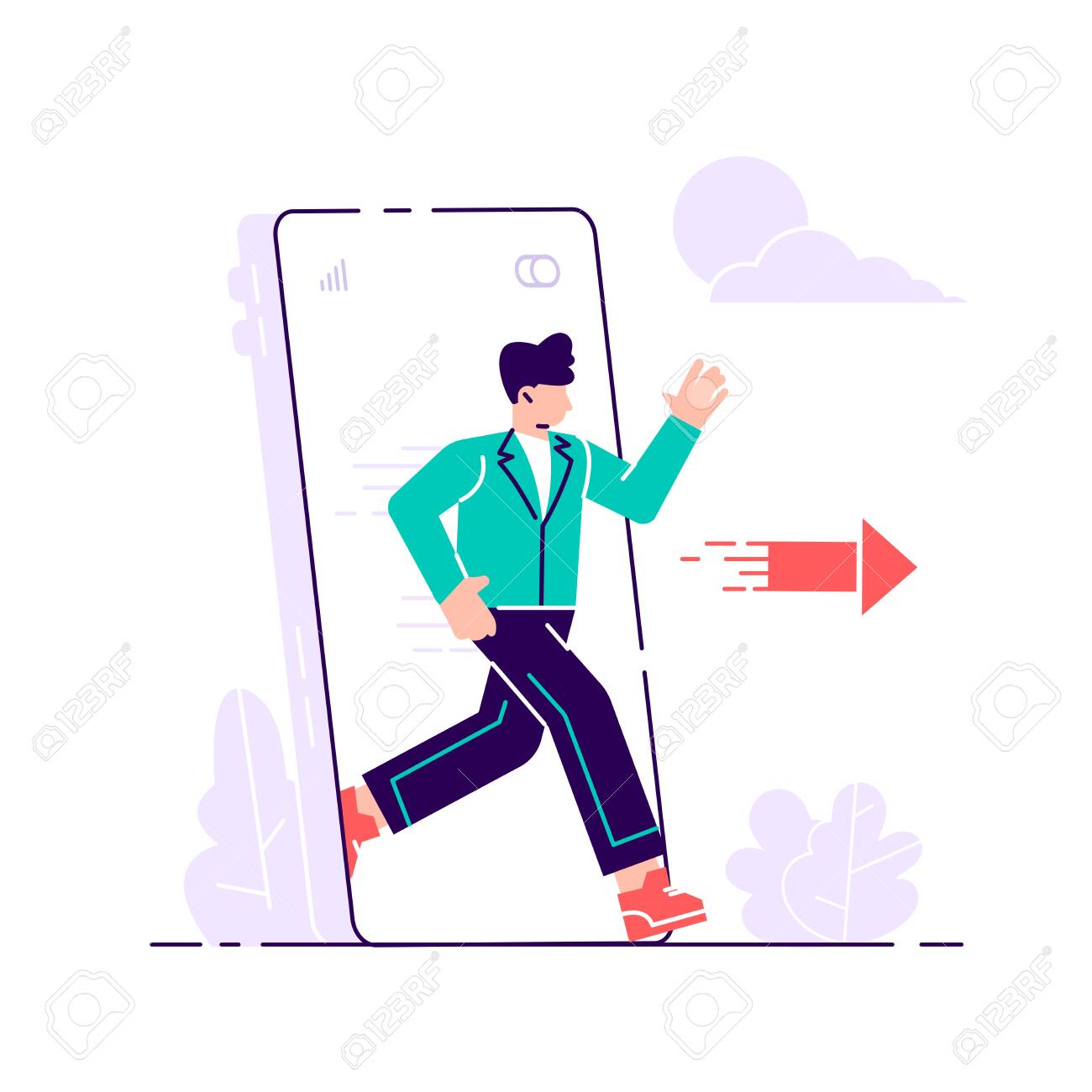 Digital Detox. Young Man Stepping Out Of Huge Mobile Phone Screen. Escape  From Smartphone And Internet Addiction, Modern Lifestyle. Millennial User.  Flat Vector Illustration For Web Page, Banner. Royalty Free SVG, Cliparts,