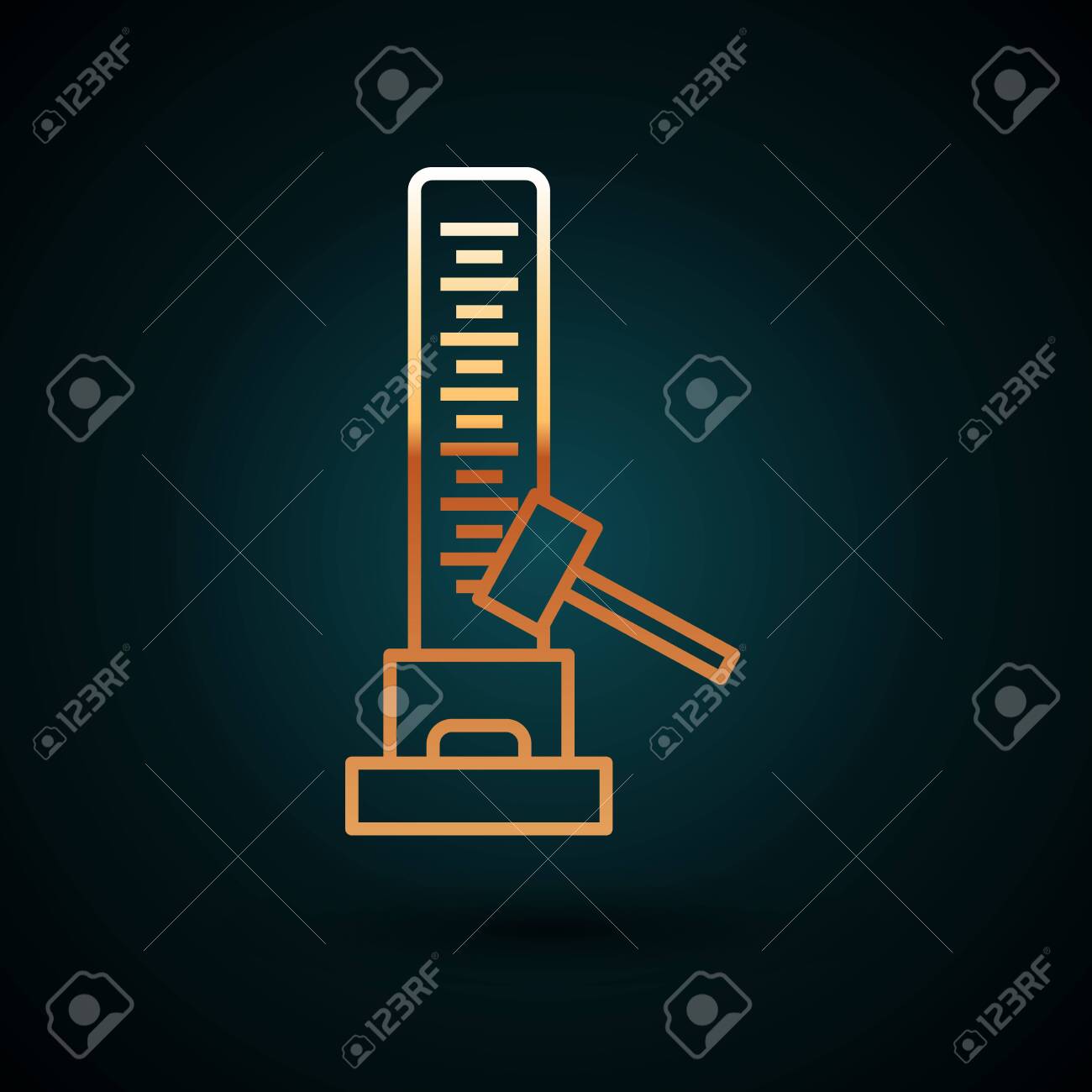 Gold line High striker attraction with big hammer icon isolated on dark blue background. Attraction for measuring strength. Amusement park. Vector Illustration - 133040136 Gold line High striker attraction with big hammer icon isolated on dark blue background. Attraction for measuring strength. Amusement park. Vector Illustration - 133040136