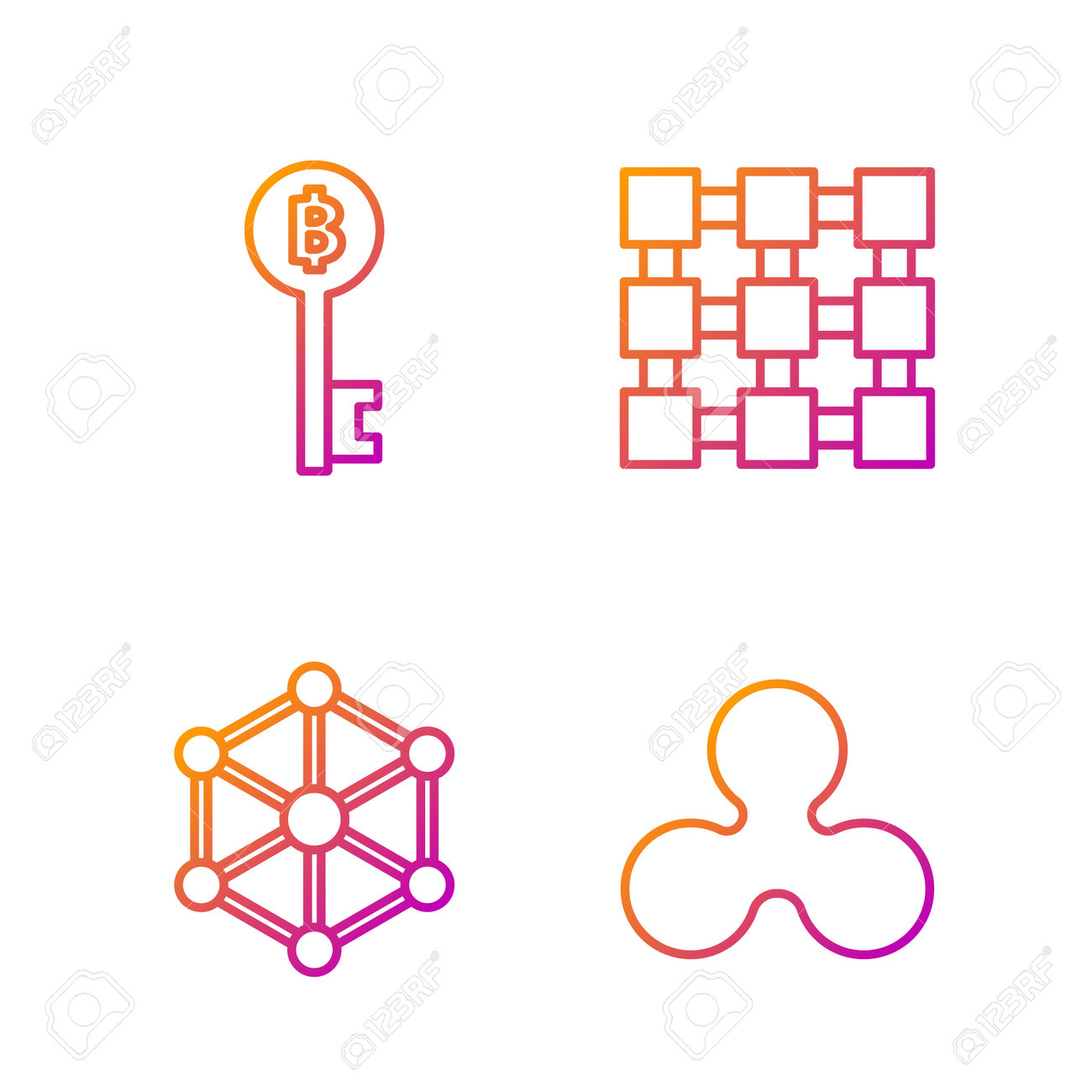 암호화폐 코인 리플 Xrp, 블록체인 기술, 암호화폐 비트코인 키 및 블록체인 기술을 설정합니다. 그라데이션 색상 아이콘입니다. 벡터  로열티 무료 사진, 그림, 이미지 그리고 스톡포토그래피. Image 136537584