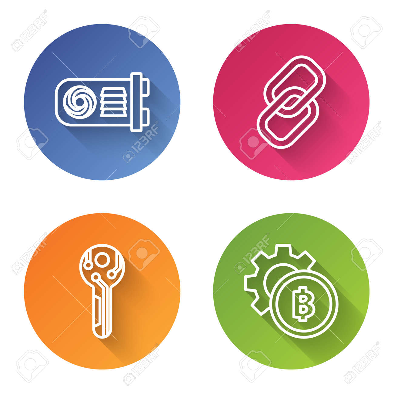 Establezca La Granja Minera De Línea, El Enlace De La Cadena, La Clave De  Criptomoneda Y La Moneda De Criptomoneda Bitcoin. Botón De Círculo De  Color. Vector Ilustraciones svg, vectoriales, clip art