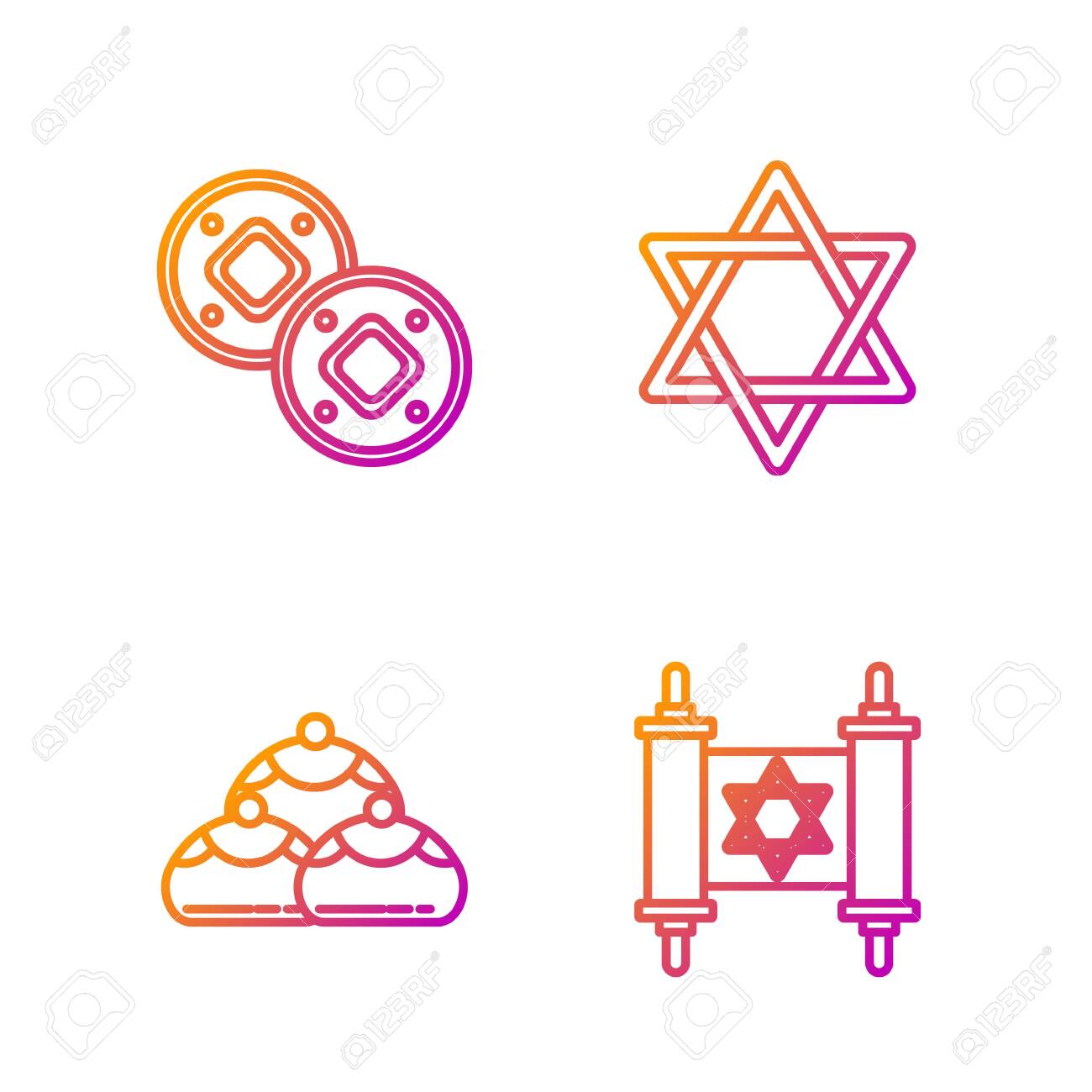 세트 라인 토라 두루마리, 유태인 달콤한 빵집, 유태인 동전 및 다윗의 별. 그라데이션 색상 아이콘입니다. 벡터 로열티 무료 사진,  그림, 이미지 그리고 스톡포토그래피. Image 136978426