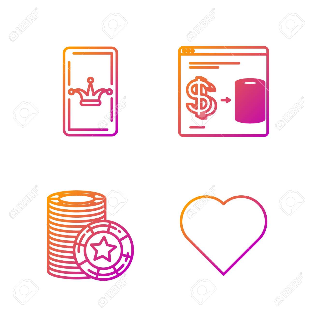 Set Line Playing Card With Heart Symbol Casino Chips Joker Playing Card And Online Casino Chips Exchange On Stacks Of Dollars Gradient Color Icons Vector Royalty Free Cliparts Vectors And Stock Illustration