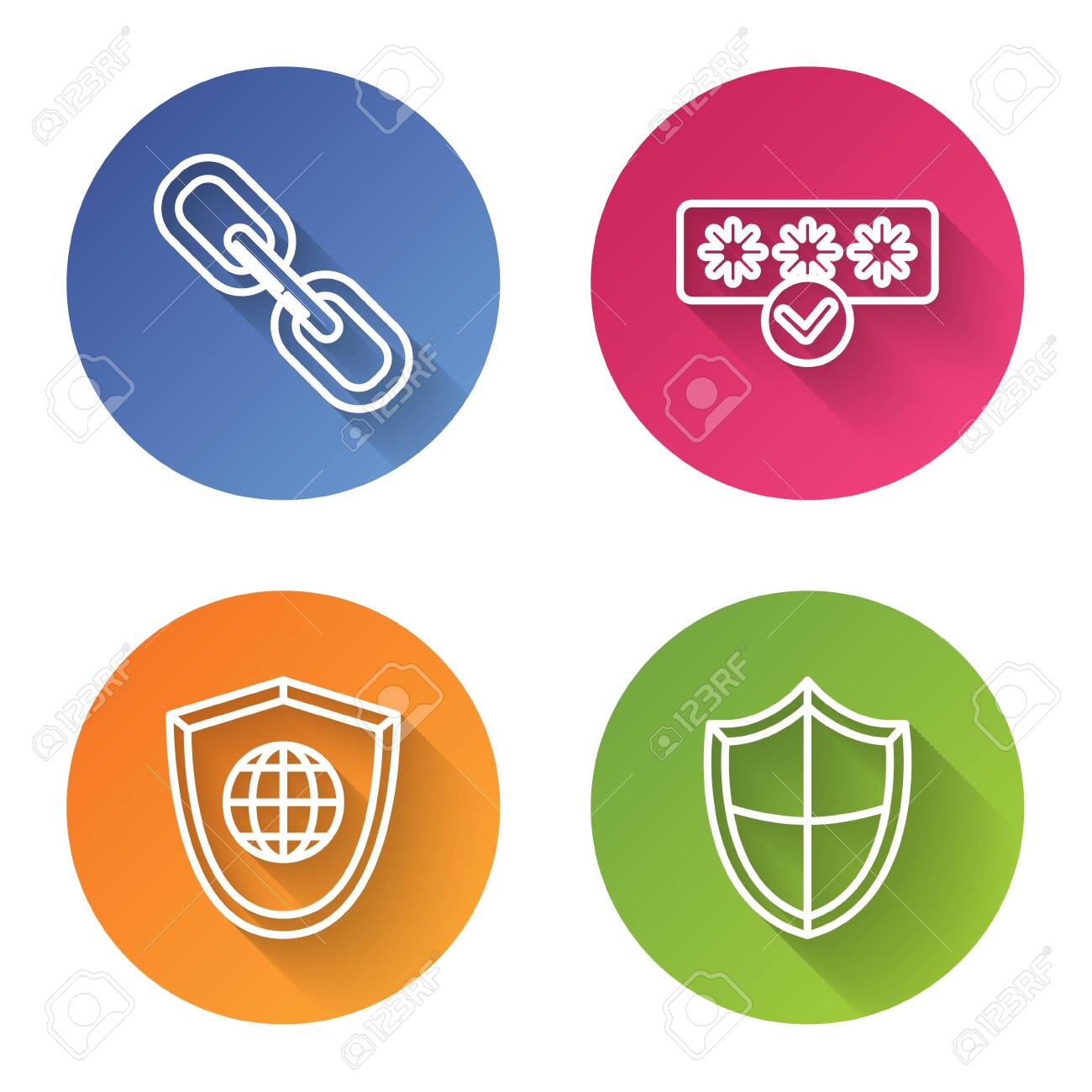 라인 체인 링크, 암호 보호 및 안전 액세스, 세계 글로브 및 방패가 있는 방패를 설정합니다. 컬러 서클 버튼입니다. 벡터 로열티 무료  사진, 그림, 이미지 그리고 스톡포토그래피. Image 137737022