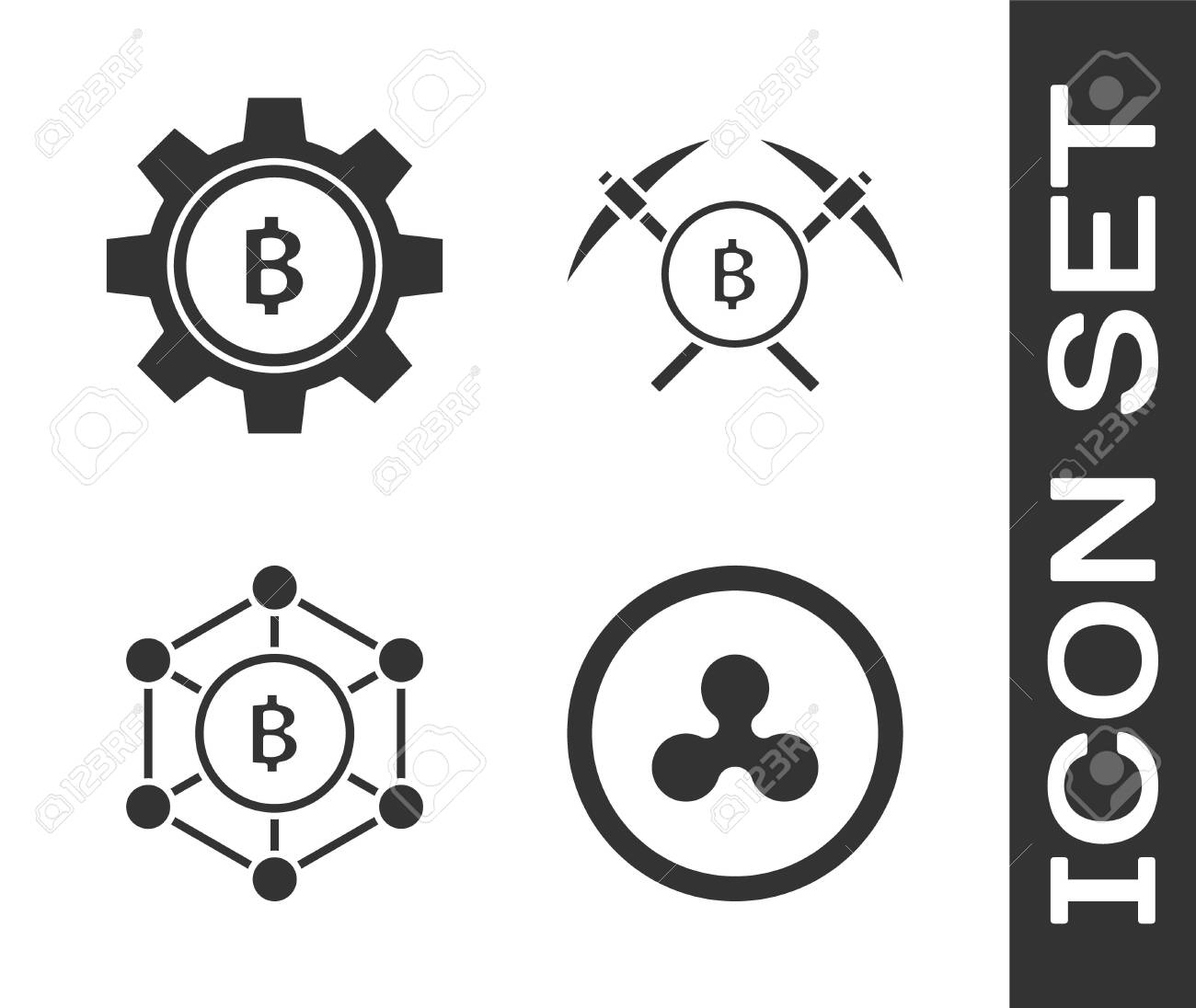 암호화폐 코인 리플 Xrp 암호화폐 코인 비트코인 블록체인 기술 비트코인 및 곡괭이 아이콘 벡터 교차 설정 로열티 무료 사진, 그림,  이미지 그리고 스톡포토그래피. Image 138001267