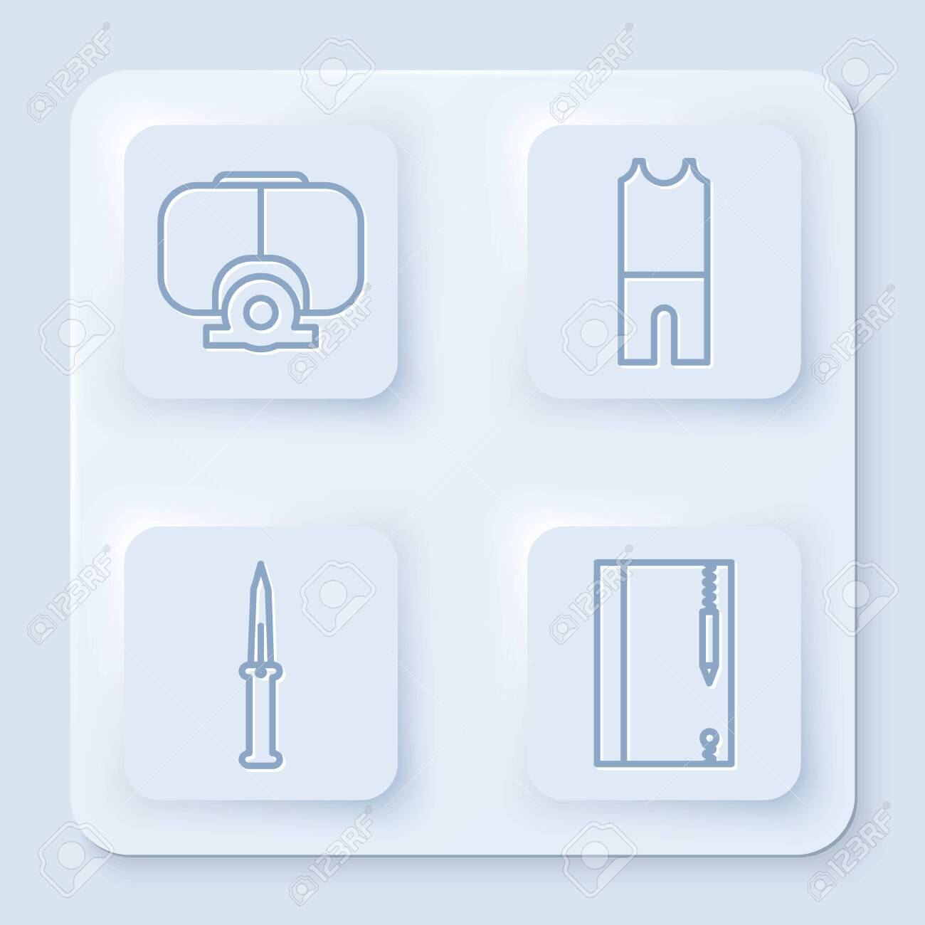 스쿠버 다이빙을 위한 라인 다이빙 마스크 습식 슈트 군용 칼과 수중 노트와 연필 흰색 사각형 버튼 벡터 로열티 무료 사진, 그림,  이미지 그리고 스톡포토그래피. Image 138693961