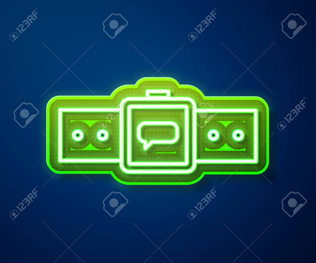 Glowing neon Smart watch showing heart beat rate icon isolated on blue  background. Fitness App concept. Vector Stock Vector