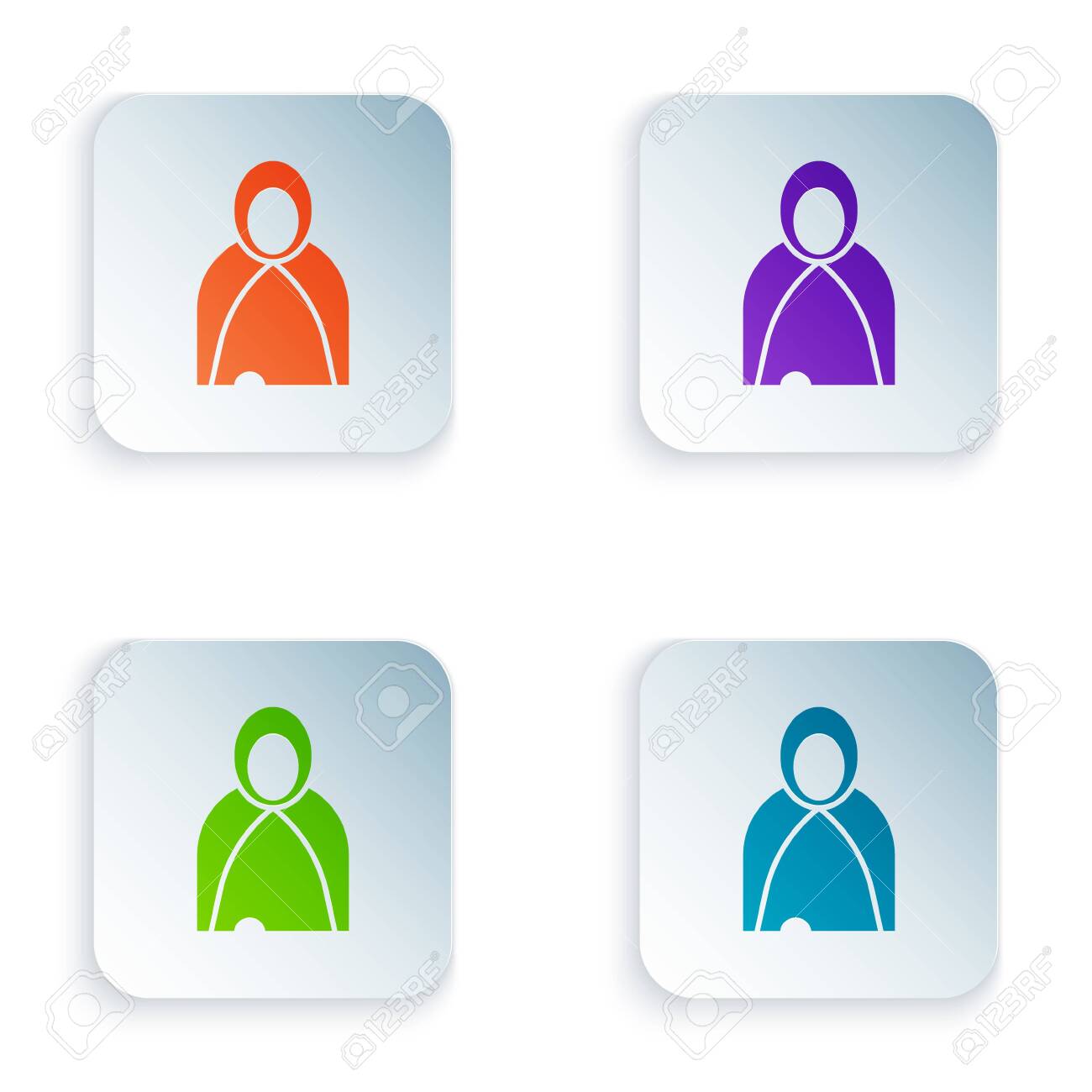 색상 맨 틀, 망토, 흰색 배경에 고립 된 케이프 아이콘. 할로윈 디자인을 위한 마법사, 마법사, 마녀의 마법 망토. 사각형 버튼에  다채로운 아이콘을 설정합니다. 벡터 일러스트 레이 션 로열티 무료 사진, 그림, 이미지