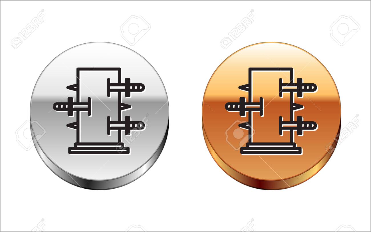 흰색 배경에 격리된 마술 트릭 아이콘을 위한 검정 선 마술 상자 트렁크는 칼이 상자를 관통하는 칼 은색 금색 원 버튼 벡터와 함께  표시됩니다. 로열티 무료 사진, 그림, 이미지 그리고 스톡포토그래피. Image 147585256