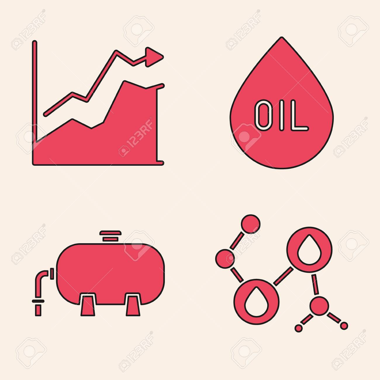 분자유, 유가 상승, 유가 하락, 석유 산업 공장 건물 아이콘을 설정합니다. 벡터. 로열티 무료 사진, 그림, 이미지 그리고  스톡포토그래피. Image 150093162