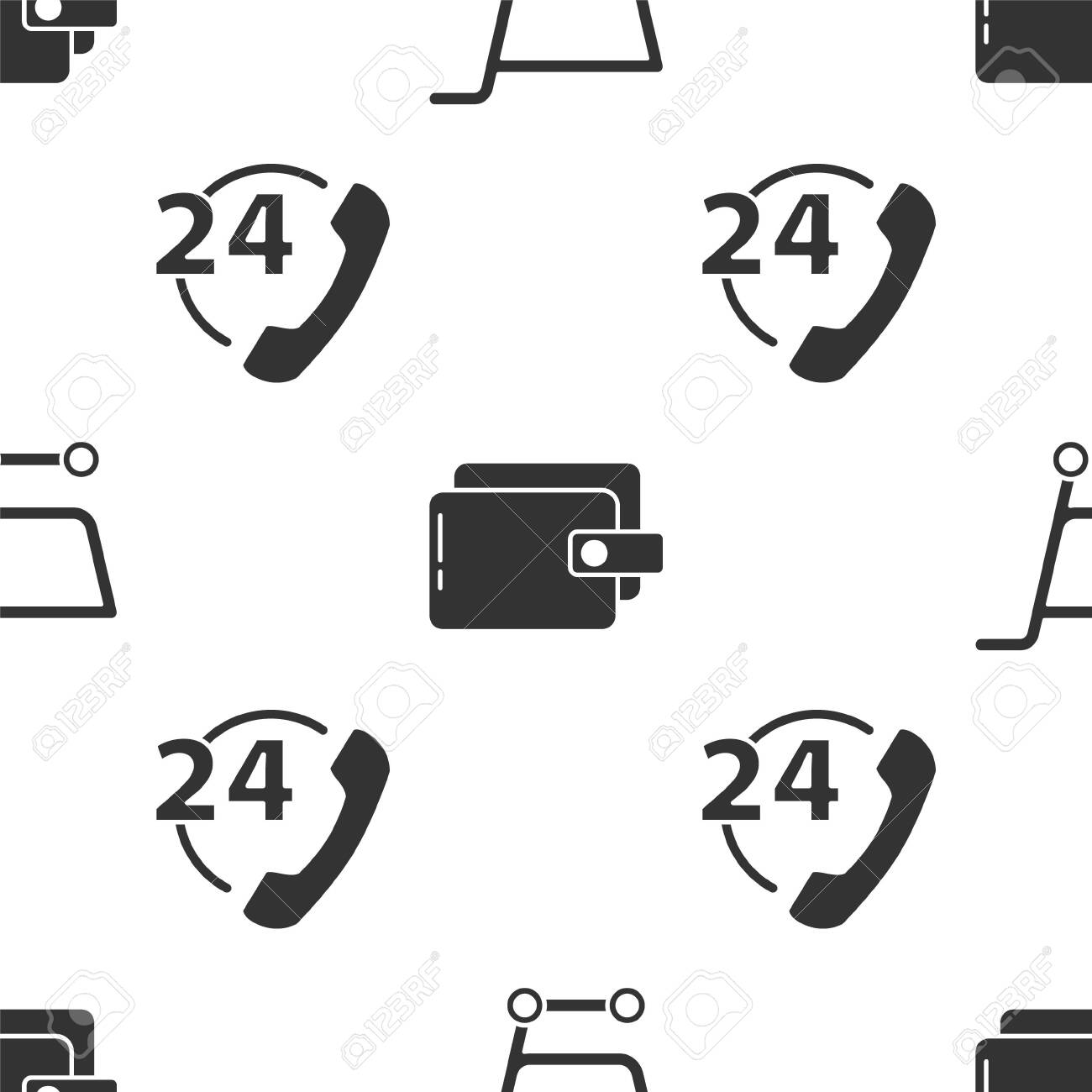 Set Shopping cart, Wallet and Telephone 24 hours support on seamless pattern. Vector. - 150717578 Set Shopping cart, Wallet and Telephone 24 hours support on seamless pattern. Vector. - 150717578