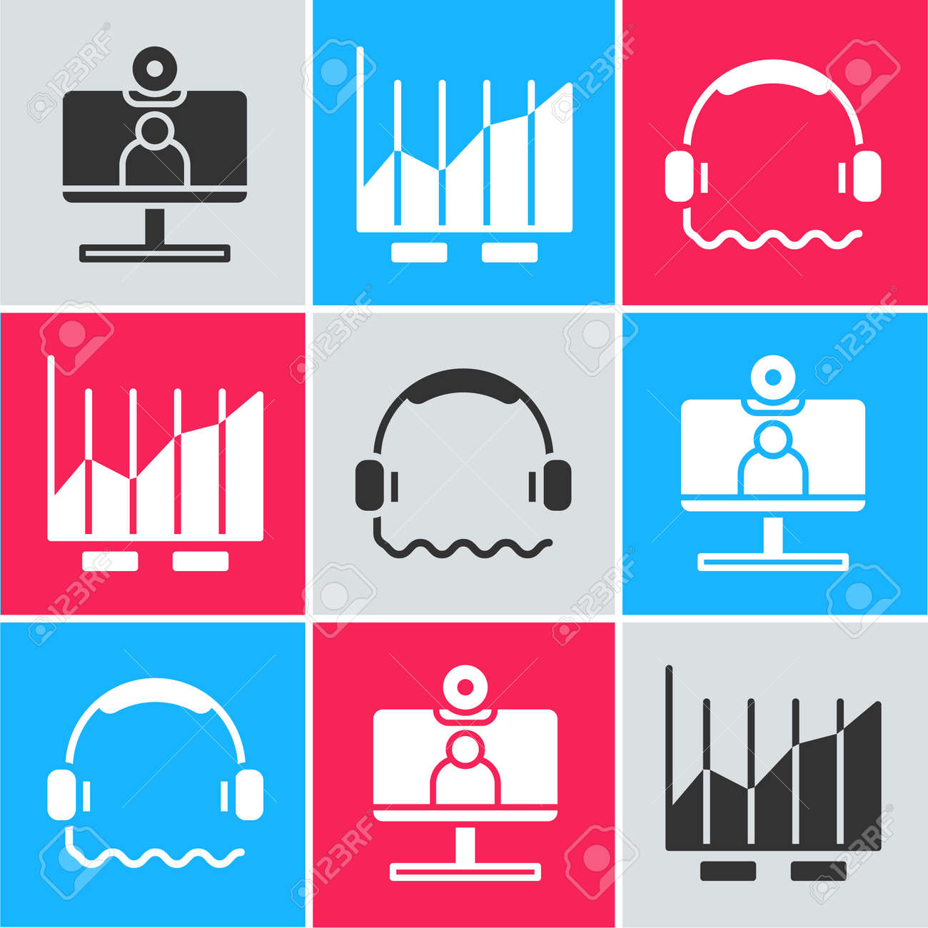 화상 채팅 회의 원형 차트 인포그래픽 및 헤드폰 아이콘 벡터 설정 로열티 무료 사진, 그림, 이미지 그리고 스톡포토그래피. Image  156740292