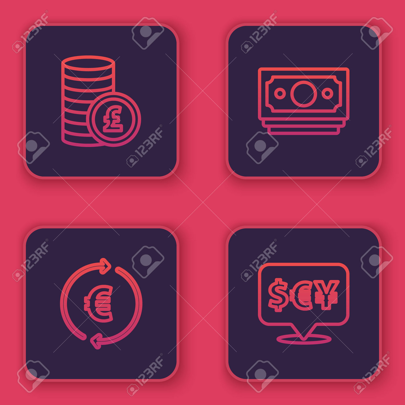 ポンド、ユーロ記号、スタック紙の現金、外貨両替でラインコインマネーを設定します。青い四角いボタン。ベクターのイラスト素材・ベクター Image  161886256