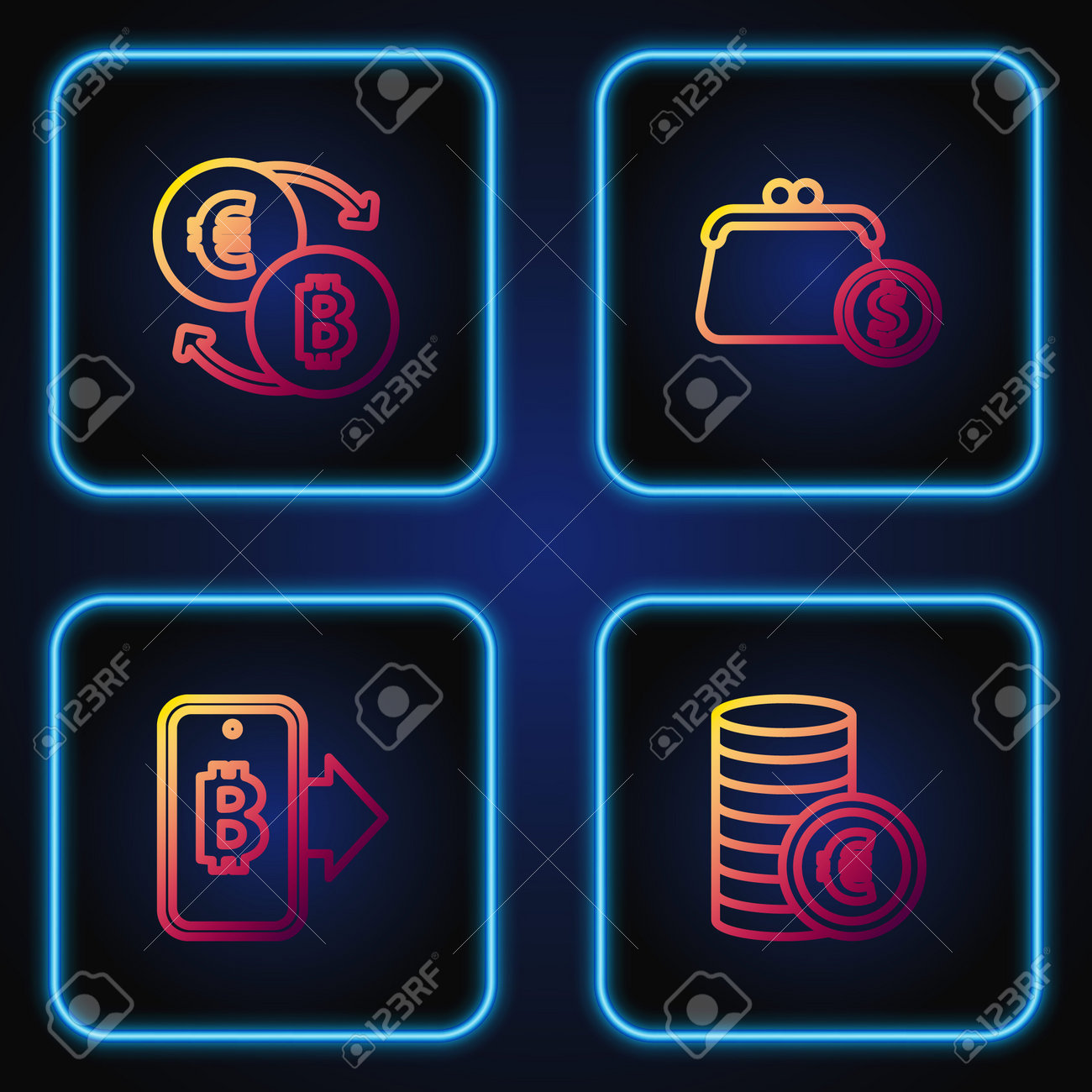 모바일 암호화폐 거래소와 지갑 코인 그라데이션 색상 아이콘 벡터에서 유로 기호로 라인 코인 머니를 채굴하는 비트코인 설정 로열티 무료  사진, 그림, 이미지 그리고 스톡포토그래피. Image 162794649