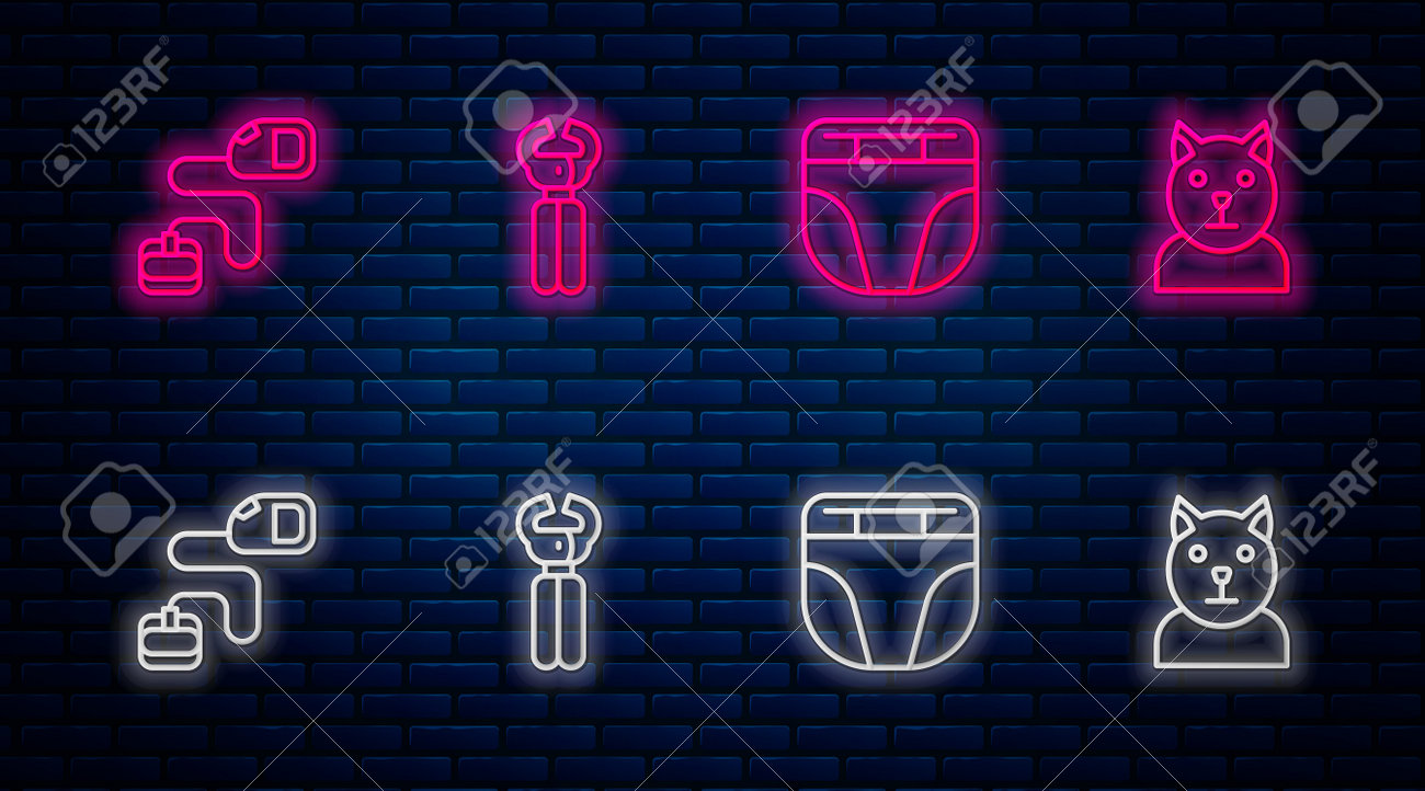 개 개폐식 코드 가죽끈과 벽돌 벽 벡터에 고양이 빛나는 네온 아이콘을 위한 선 애완동물 손톱깎이 기저귀를 설정합니다. 로열티 무료  사진, 그림, 이미지 그리고 스톡포토그래피. Image 162694910