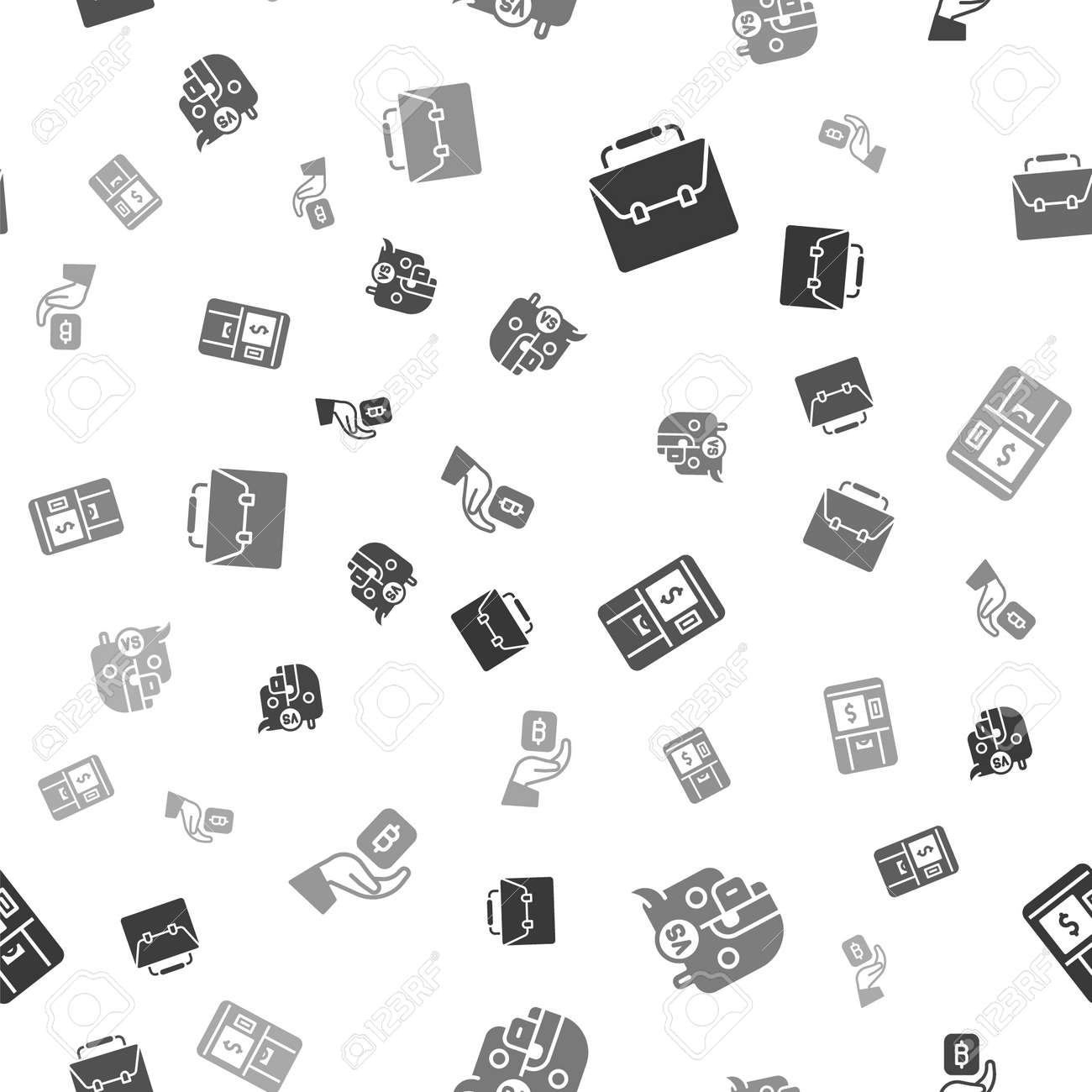 원활한 패턴 벡터에 비트코인을 들고 있는 주식 시장 ATM 돈과 손에 있는 서류 가방 황소와 곰을 설정합니다. 로열티 무료 사진,  그림, 이미지 그리고 스톡포토그래피. Image 166082136