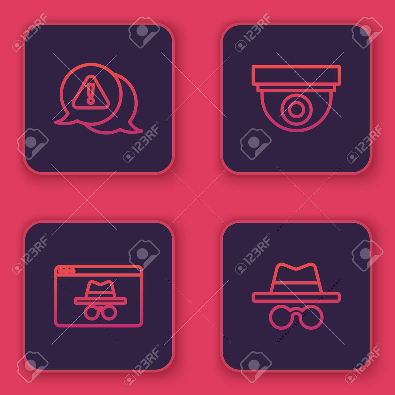 삼각형, 브라우저 시크릿 창, 보안 카메라 및 시크릿 모드에서 라인 느낌표를 설정합니다. 파란색 사각형 버튼입니다. 벡터 로열티 무료  사진, 그림, 이미지 그리고 스톡포토그래피. Image 168273418