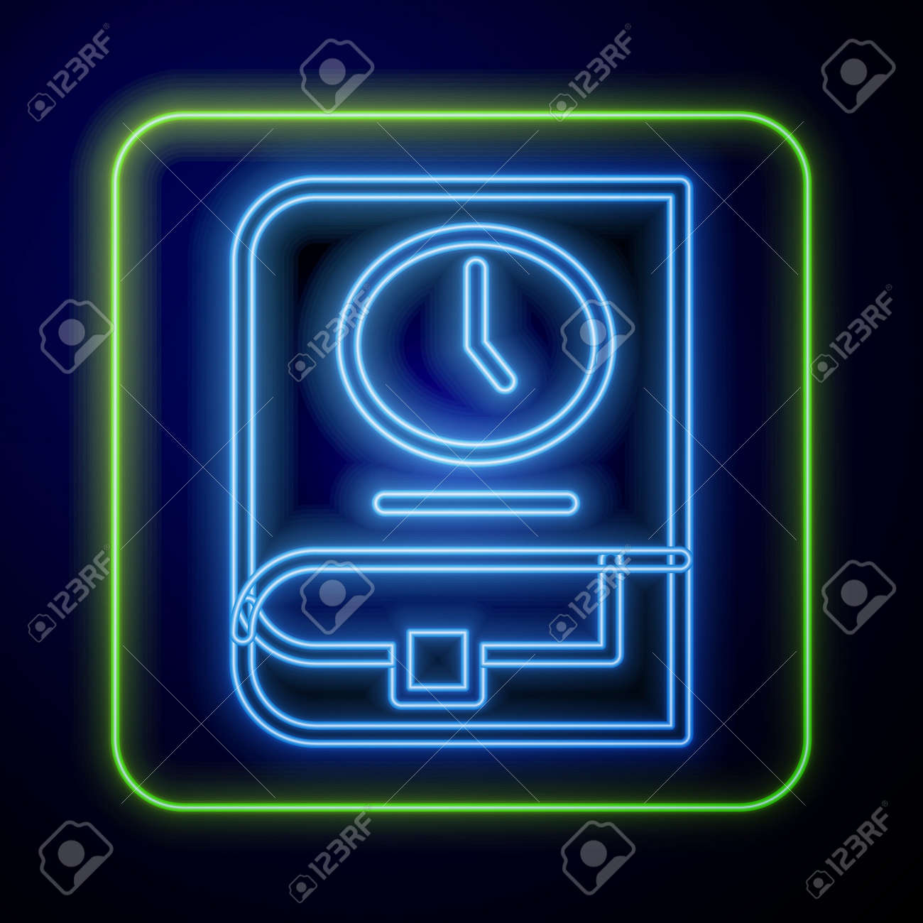 Glowing neon Time for book icon isolated on blue background. Vector - 170180417 Glowing neon Time for book icon isolated on blue background. Vector - 170180417