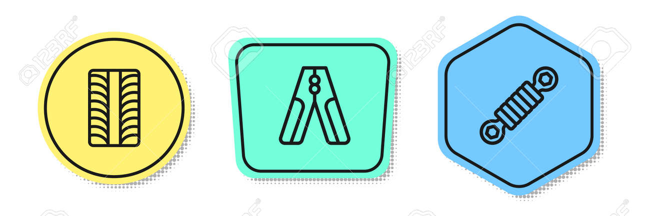 Set line Car tire wheel, battery jumper power cable and Shock absorber. Colored shapes. Vector - 171522687 Set line Car tire wheel, battery jumper power cable and Shock absorber. Colored shapes. Vector - 171522687