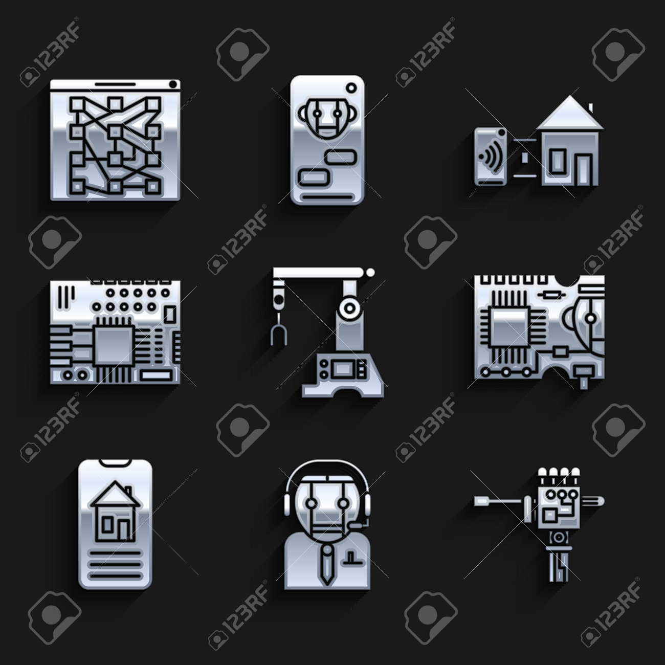 조립 라인, 작업자 로봇, 기계식 손 및 스크루드라이버, 인쇄 회로 기판 PCB, 스마트 홈 및 글로벌 기술 소셜 네트워크 아이콘을  설정합니다. 벡터 로열티 무료 사진, 그림, 이미지 그리고 스톡포토그래피. Image 173197932