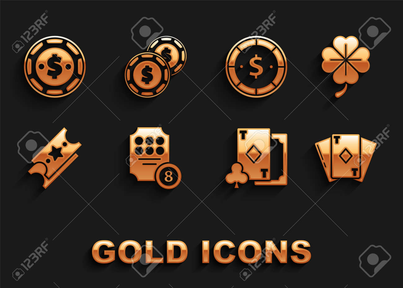 Definir Máquina Caça-níqueis On-line, Trevo De Quatro Folhas, Cartão De  Jogo Com Diamantes, Bilhete Da Loteria, Dólar Do Chip Do Cassino E Ícone.  Royalty Free SVG, Cliparts, Vetores, e Ilustrações Stock. Image