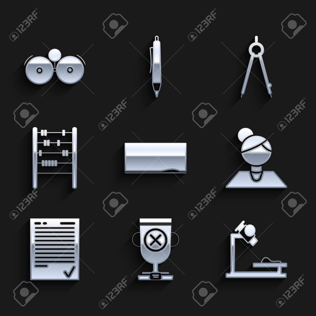 黒板、アワードカップ、顕微鏡、教師、チェックマーク付きの試験シート、そろばん、コンパスの描画、アラームベルの鳴るアイコンを設定します。ベクターのイラスト素材・ベクター  Image 173336632