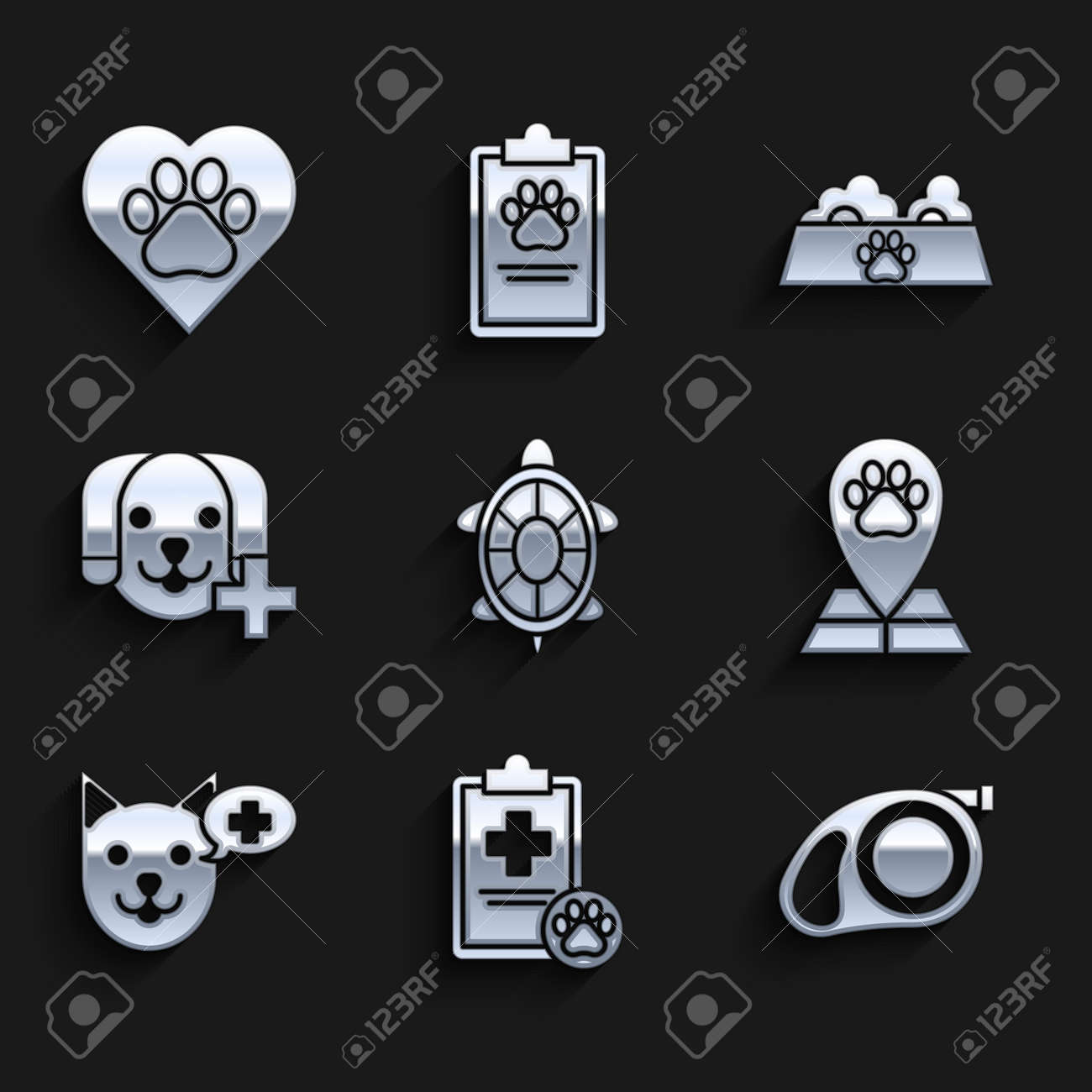 거북이, 개폐식 목줄 카라비너, 지도 포인터 수의학 병원, 수의학 기호, 고양이 개를 위한 애완동물 사료 그릇, 심장 동물 발자국  아이콘을 설정합니다. 벡터 로열티 무료 사진, 그림, 이미지 그리고 스톡포토그래피. Image 173530216