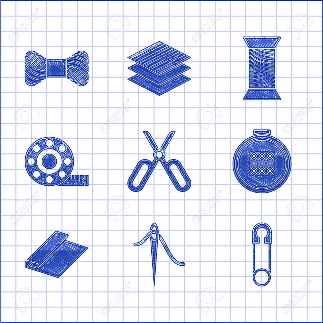 가위, 실로 바느질하기 위한 바늘, 고전적인 닫힌 강철 안전 핀, 둥근 조절 가능한 자수 후프, 직물 롤, 테이프 측정, 스풀 및  아이콘 바느질. 벡터 로열티 무료 사진, 그림, 이미지 그리고 스톡포토그래피. Image