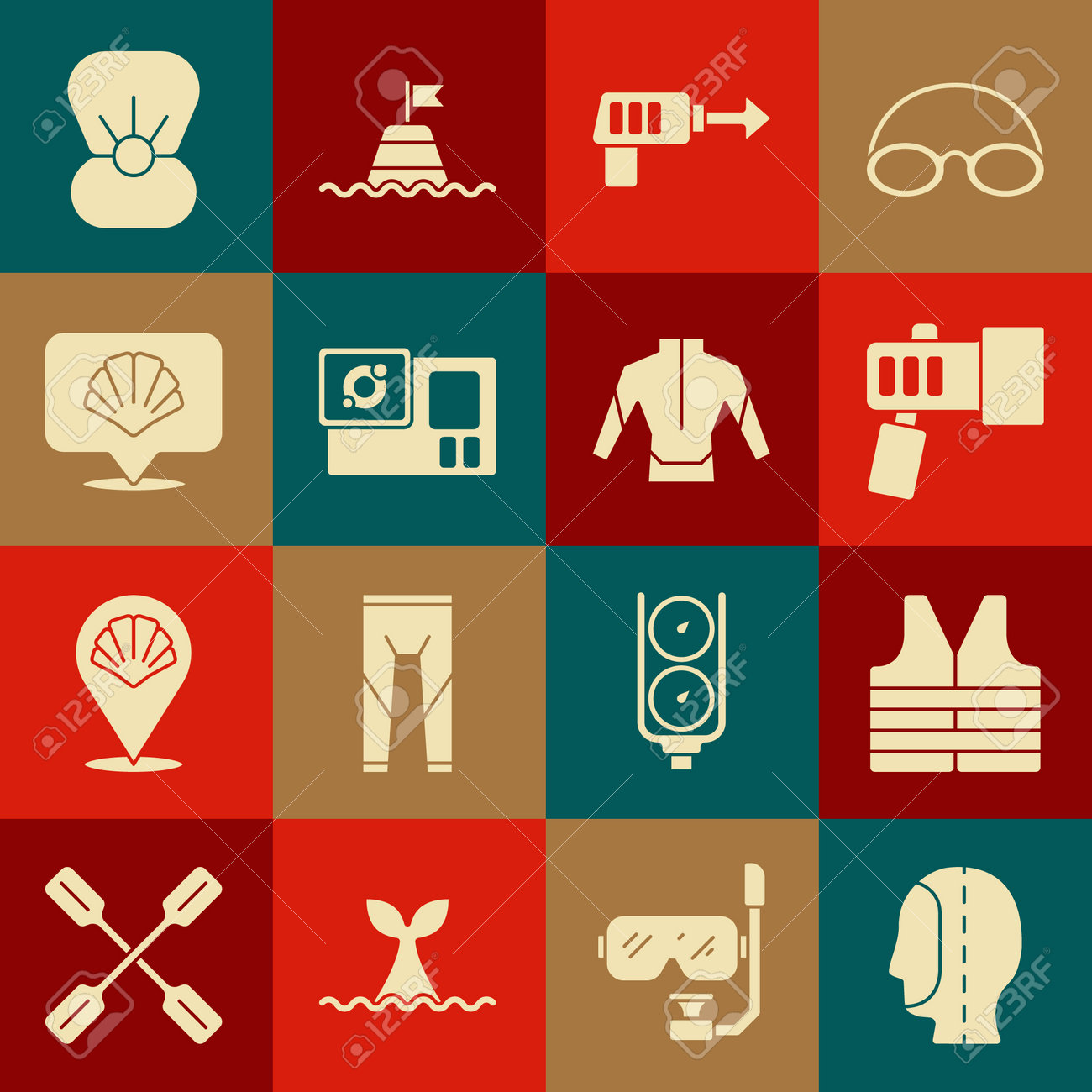 다이빙 후드 구명조끼 손전등 낚시 작살 액션 카메라 가리비 껍질 껍질과 진주 및 잠수복 아이콘 벡터를 설정합니다. 로열티 무료 사진,  그림, 이미지 그리고 스톡포토그래피. Image 173529476