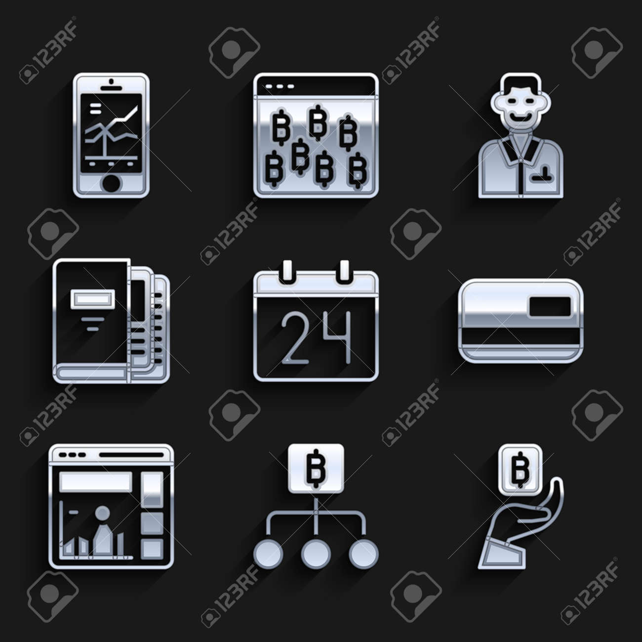 성장 그래프 오피스 폴더 트레이더 및 모바일 주식 거래 아이콘 벡터를 사용하여 신용 카드 웹 사이트를 들고 있는 캘린더 블록체인 기술  비트코인 손을 설정합니다. 로열티 무료 사진, 그림, 이미지 그리고 스톡포토그래피. Image