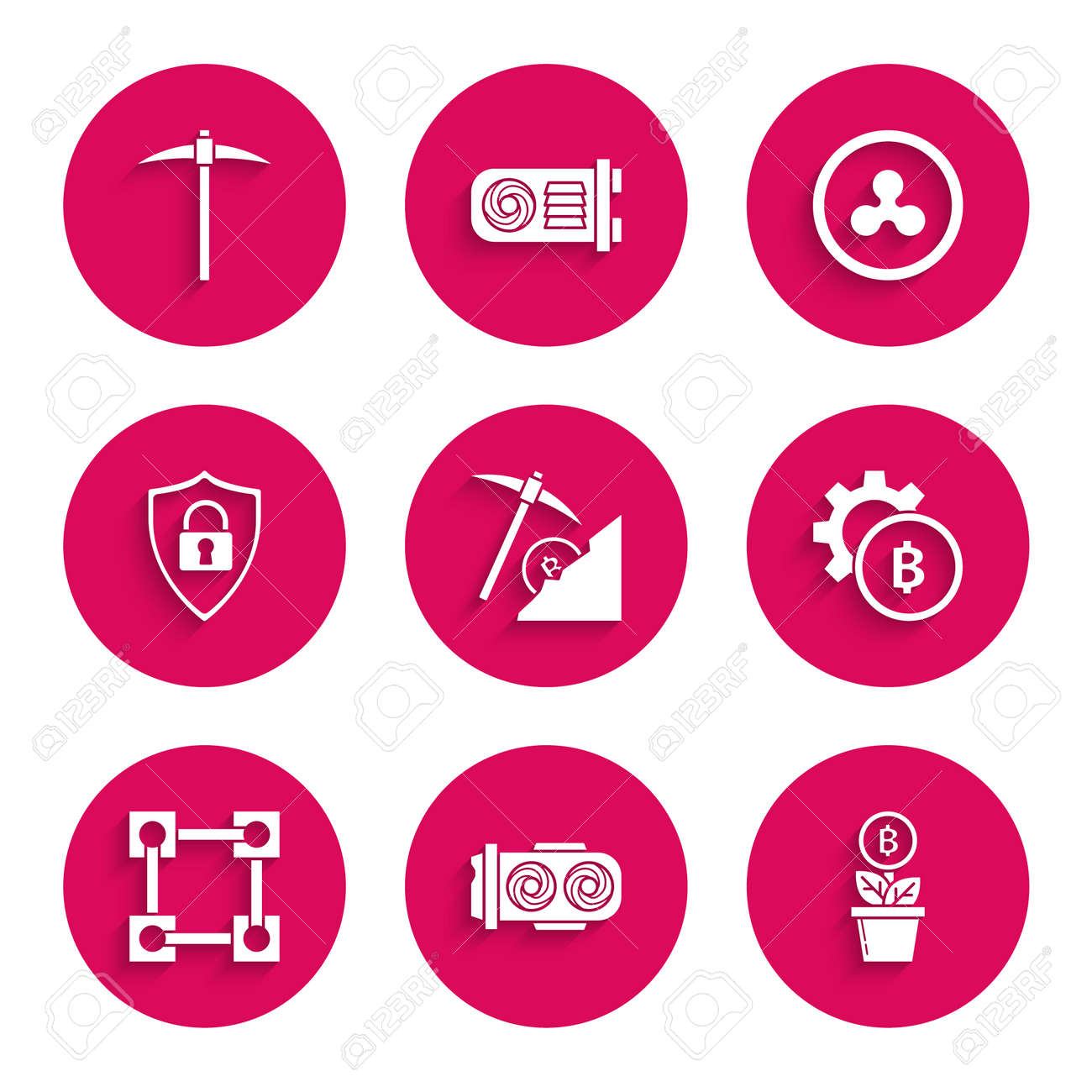 리플 XRP 및 곡괭이 아이콘 벡터를 사용하여 암호화폐 클라우드 마이닝 마이닝 농장 비트코인 공장에 냄비 블록체인 기술 쉴드 보안을  설정합니다. 로열티 무료 사진, 그림, 이미지 그리고 스톡포토그래피. Image 173633581