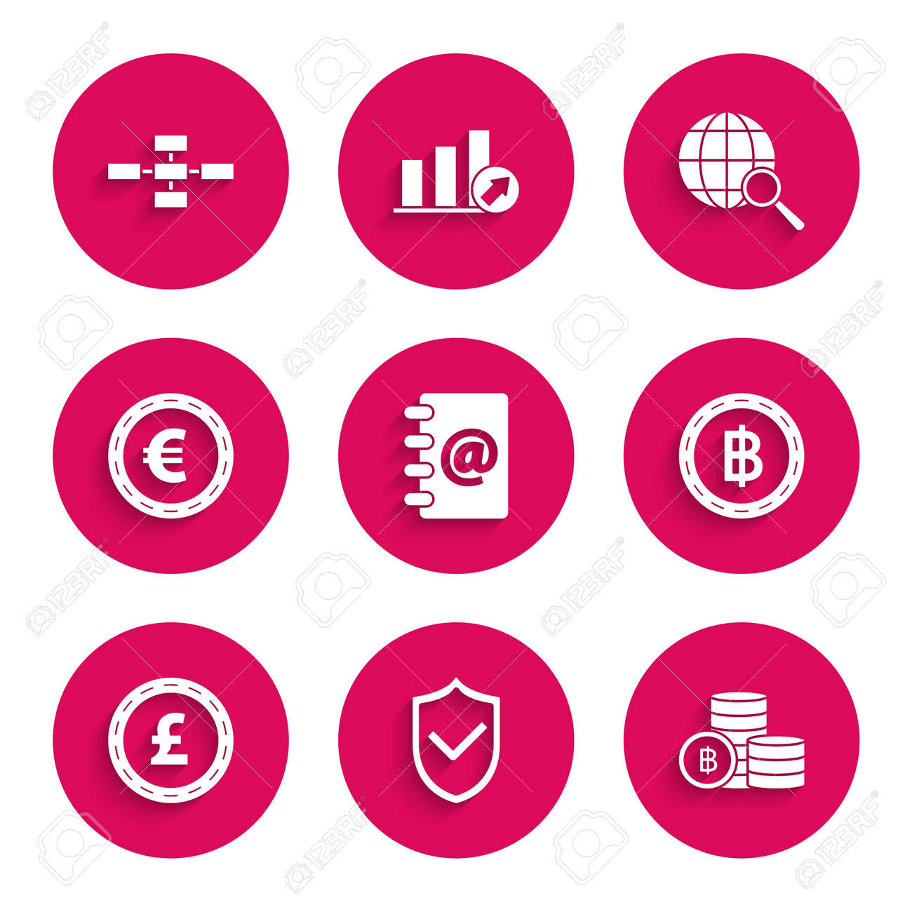 アドレスブック、チェックマーク付きのシールド、暗号通貨コインビットコイン、コインマネーポンドスターリングシンボル、ユーロ、虫眼鏡グローブ、ビジネス階層オルガノグラムチャートのインフォグラフィックアイコンを設定します。ベクターのイラスト素材・ベクター  ...