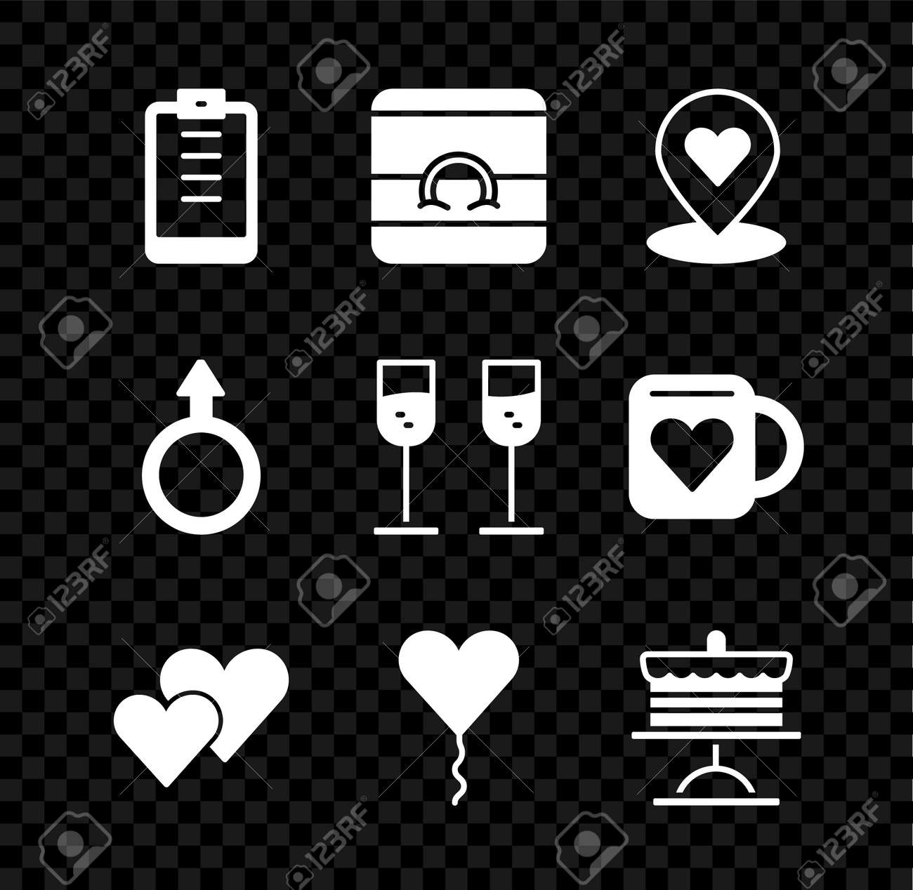 Set Clipboard With Checklist, Wedding Rings, Location Heart, Heart, Balloon  Form Of, Cake Plate, Male Gender Symbol And Glass Champagne Icon. Vector  Royalty Free SVG, Cliparts, Vectors, and Stock Illustration. Image  174062404., image size:1300x1268