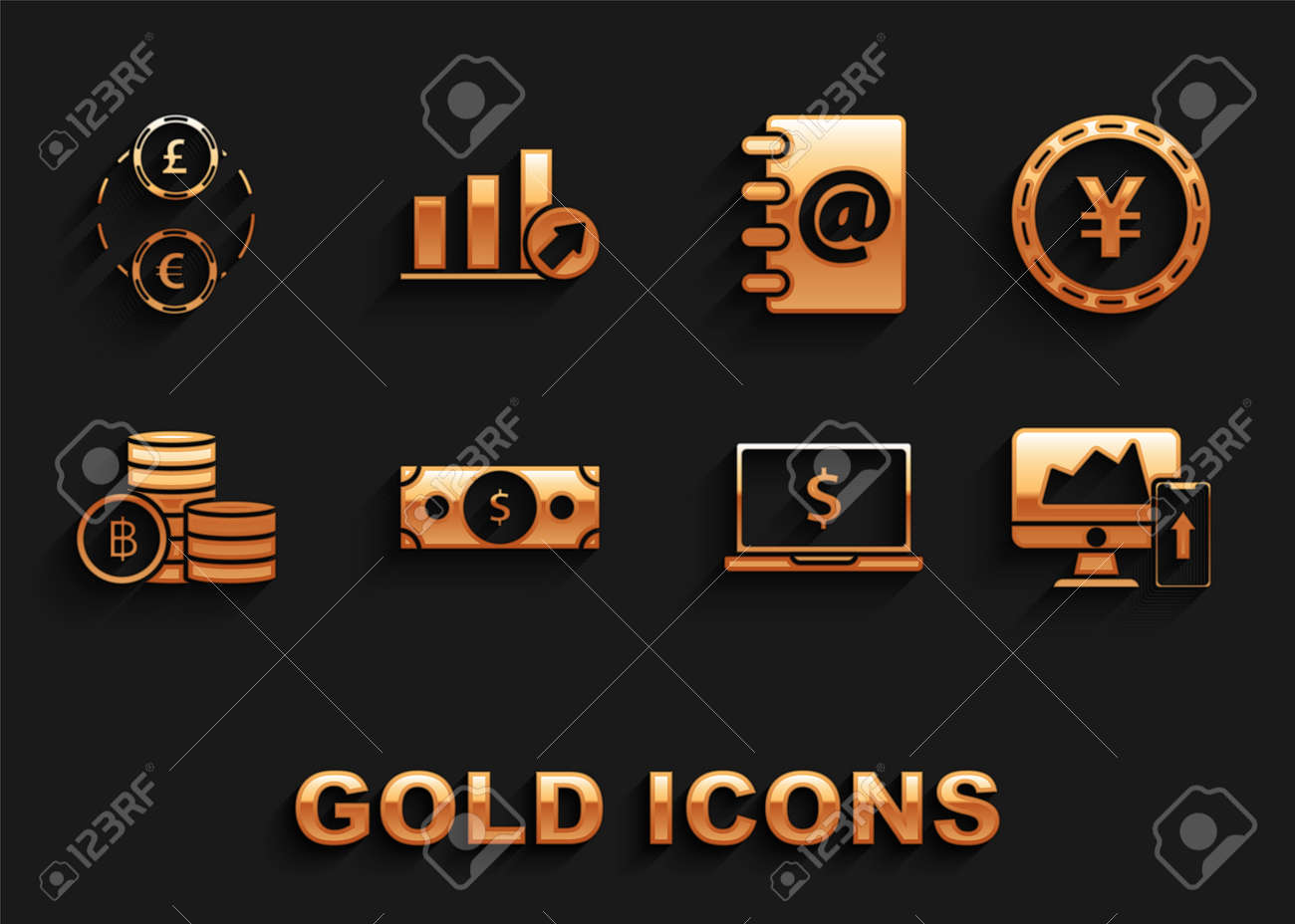 스택 지폐 현금, 노트북 달러, 암호화폐 코인 비트코인, 주소록, 환전 및 프리젠테이션 재무 그래프, 일정, 차트, 다이어그램,  인포그래픽, 파이 아이콘을 설정합니다. 벡터 로열티 무료 사진, 그림, 이미지 그리고 스톡포토그래피. Image 174220409