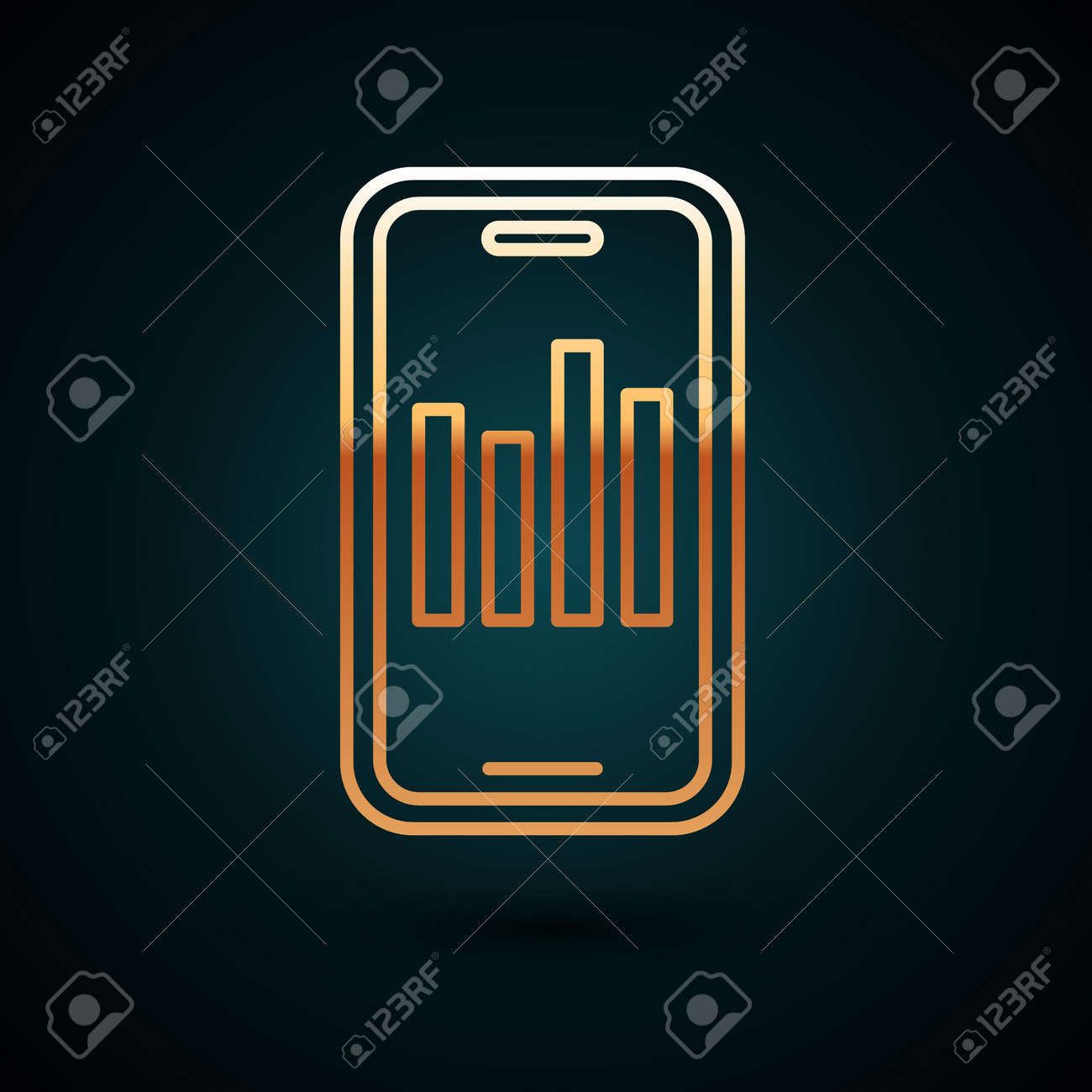Gold Line Mobile Phone With Graph Chart Icon Isolated On Dark Blue  Background. Report Text File. Accounting Sign. Audit, Analysis, Planning.  Vector Клипарты, SVG, векторы, и Набор Иллюстраций Без Оплаты Отчислений.  Image