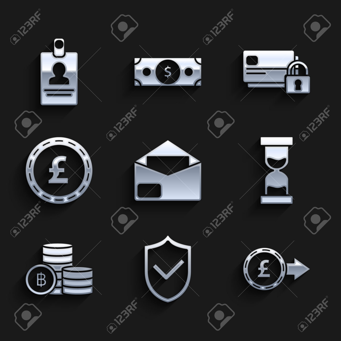 봉투, 확인 표시가 있는 방패, 동전 화폐 파운드 기호, 오래된 모래시계 흐르는 모래, 암호화폐 동전 비트코인, 신용 카드 잠금 장치  및 식별 배지 아이콘을 설정합니다. 벡터 로열티 무료 사진, 그림, 이미지 그리고