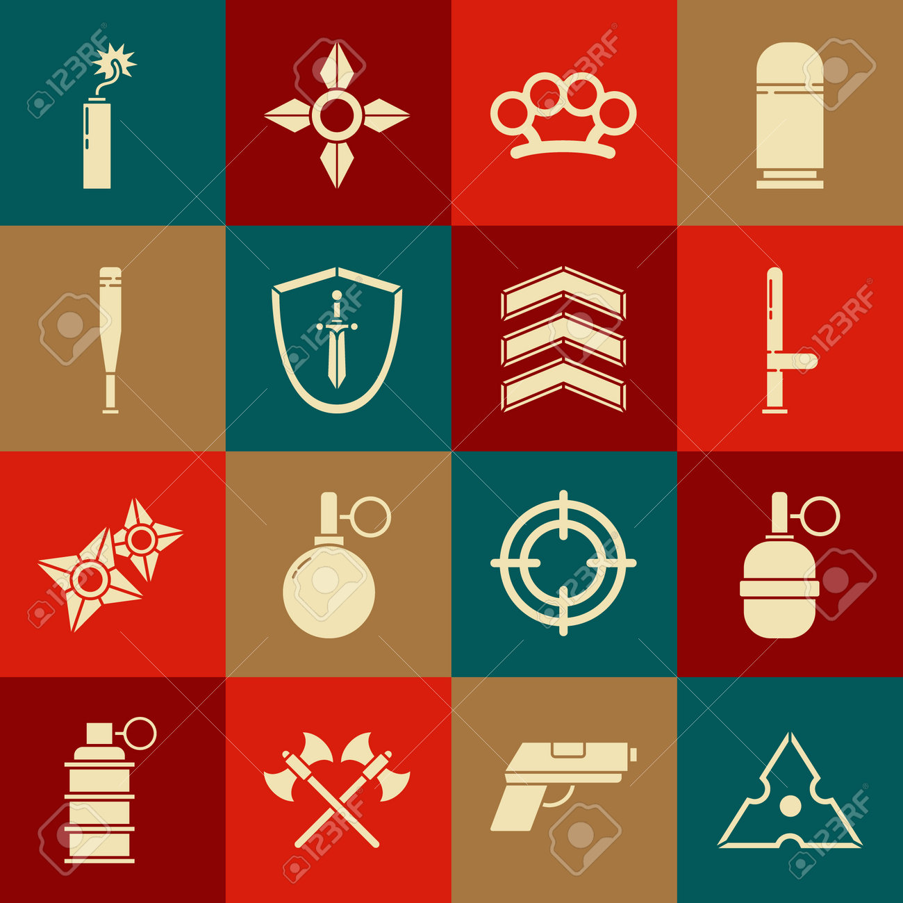 日本の忍者手裏剣、手裏剣、警察のゴム製警棒、ブラスナックル、剣の中世の盾、野球、ダイナマイト爆弾スティック時計、軍の階級のアイコンを設定します。ベクターのイラスト素材・ベクター  Image 175424090